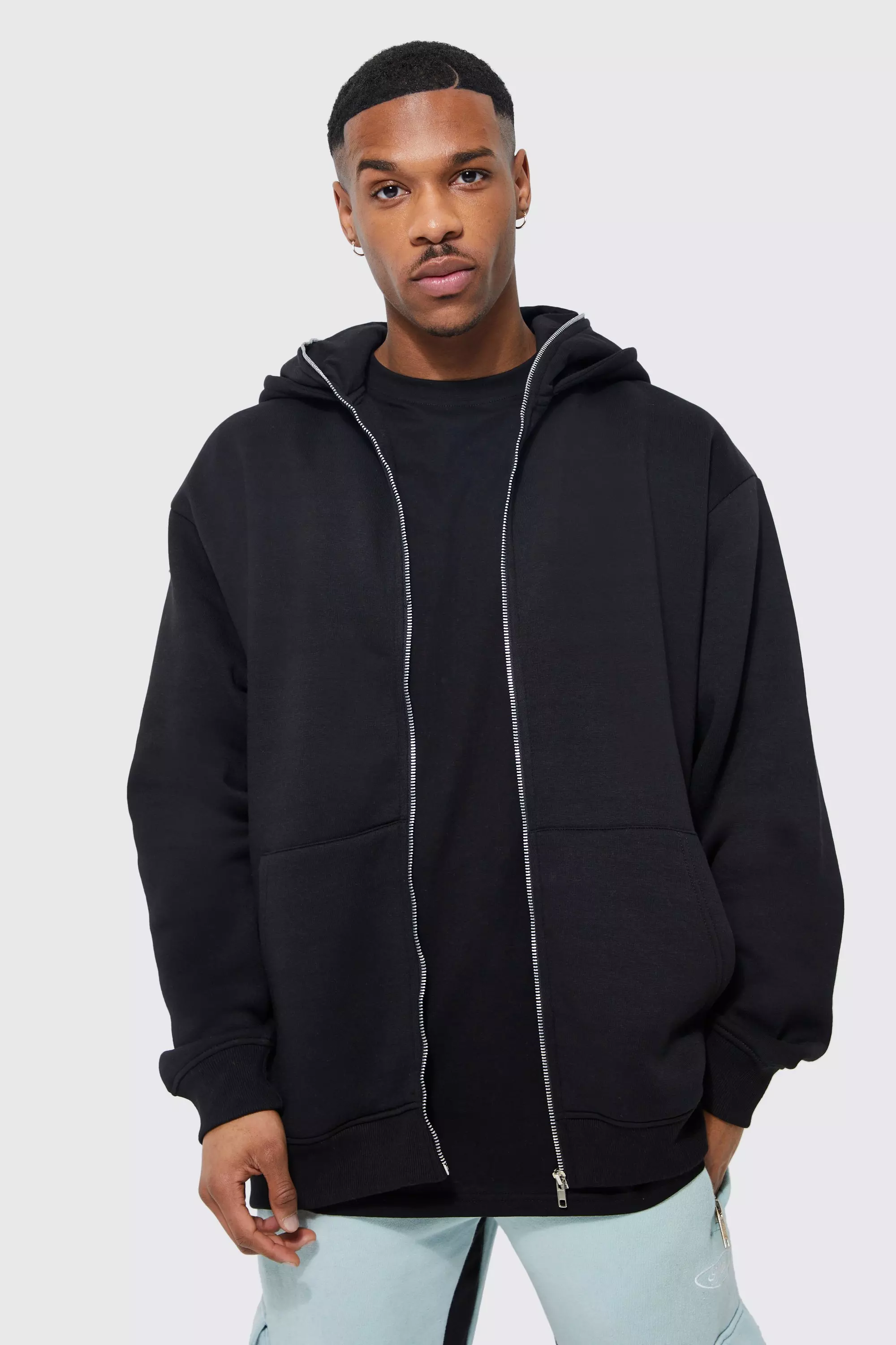 Oversized Double Hood With Full Zip Hoodie boohooMAN UK