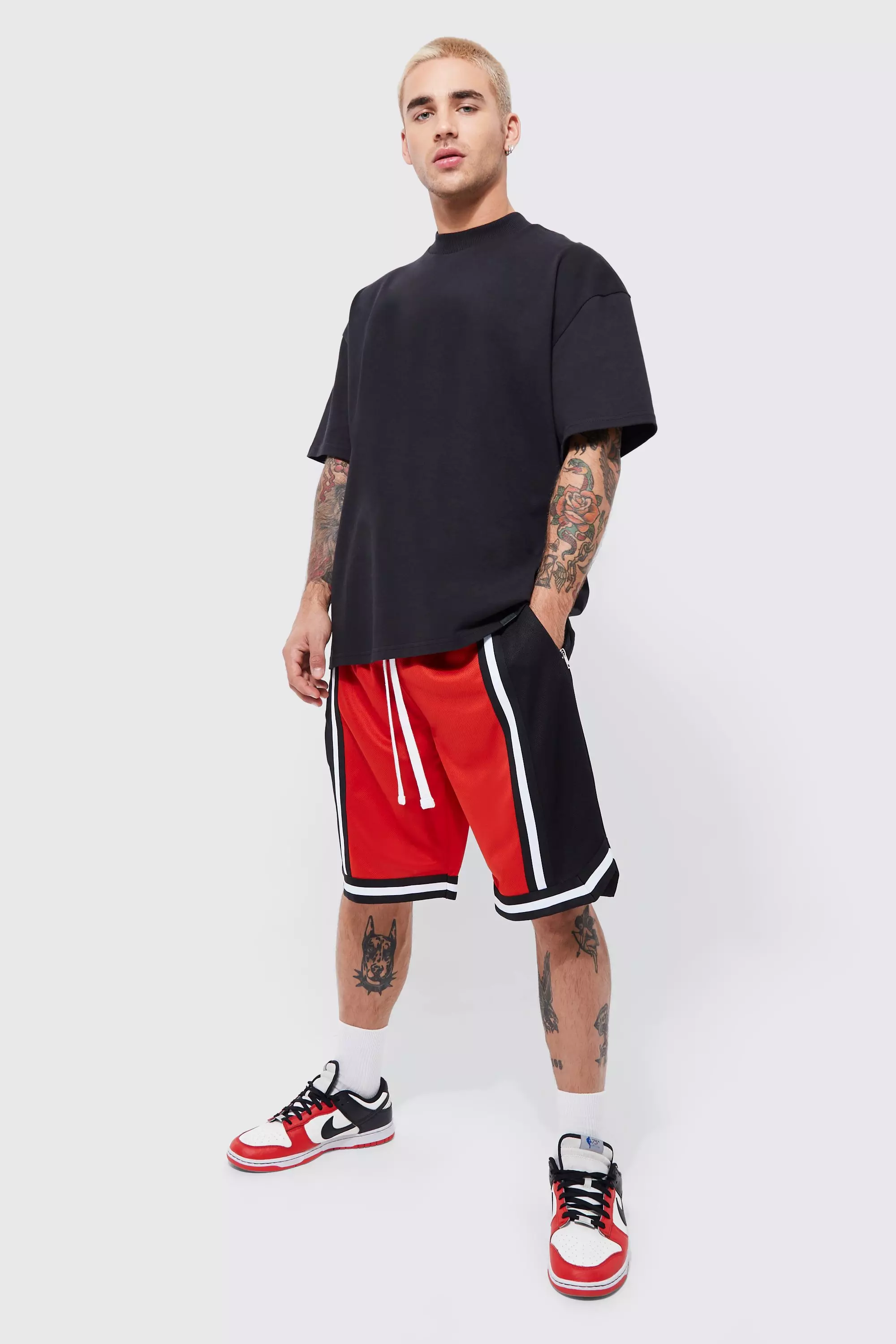 Oversized Panelled T-shirt And Mesh Short Set Red