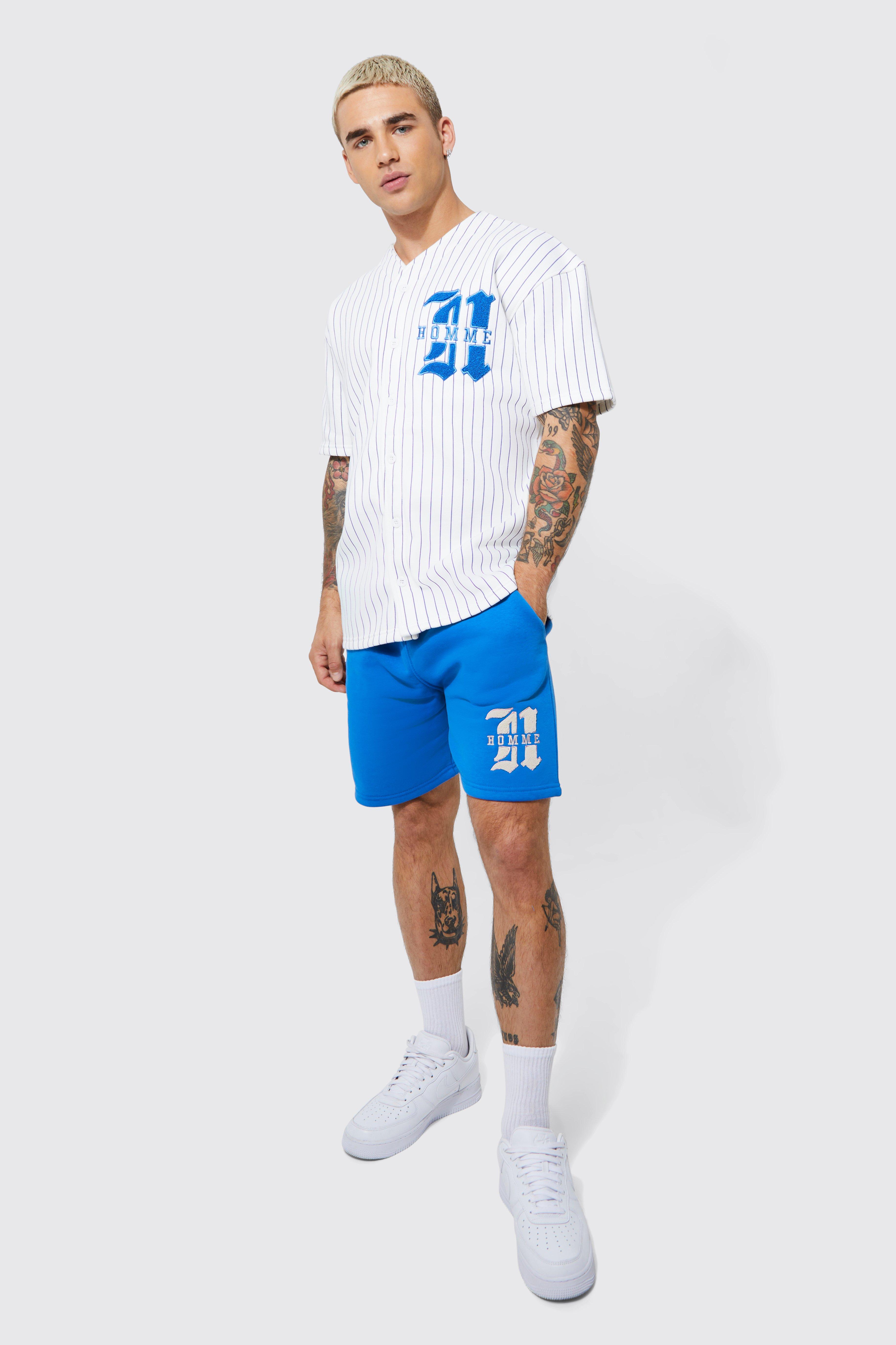 Oversized Homme Pinstripe Baseball Polo And Short Set