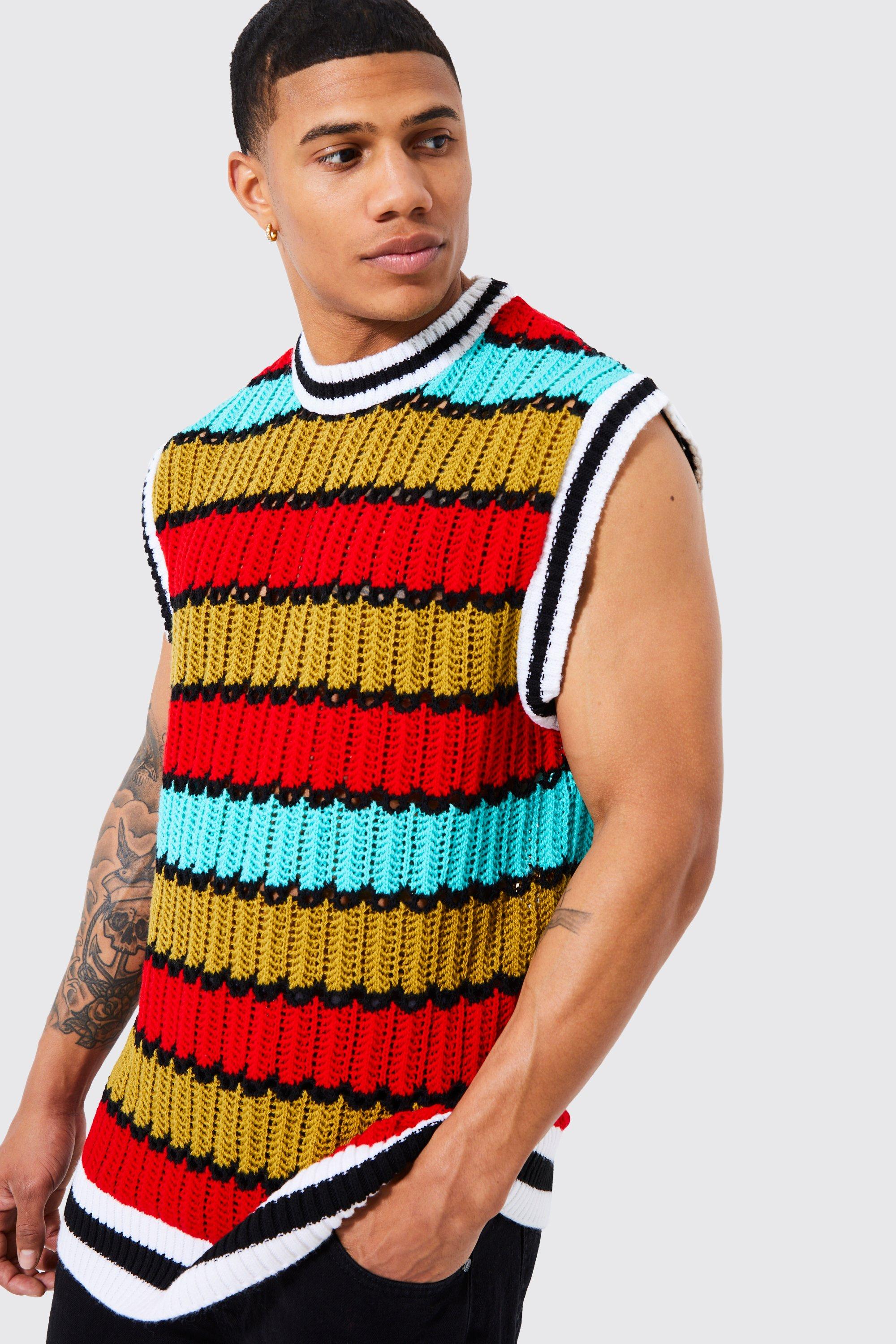 Oversized Crew Neck Knitted Crochet Vest | boohooMAN USA