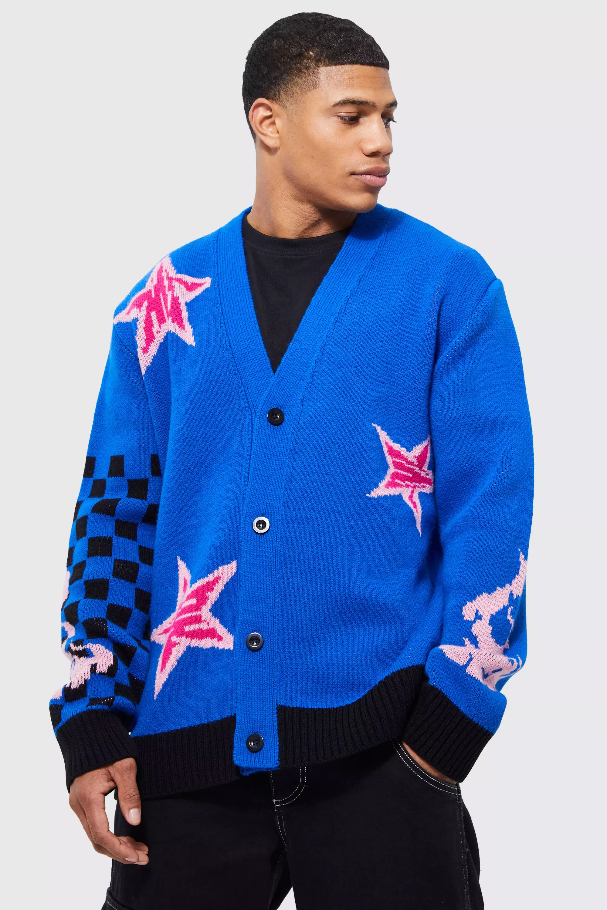 Cobalt Star And Check Relaxed Fit Knitted Cardigan alternative image