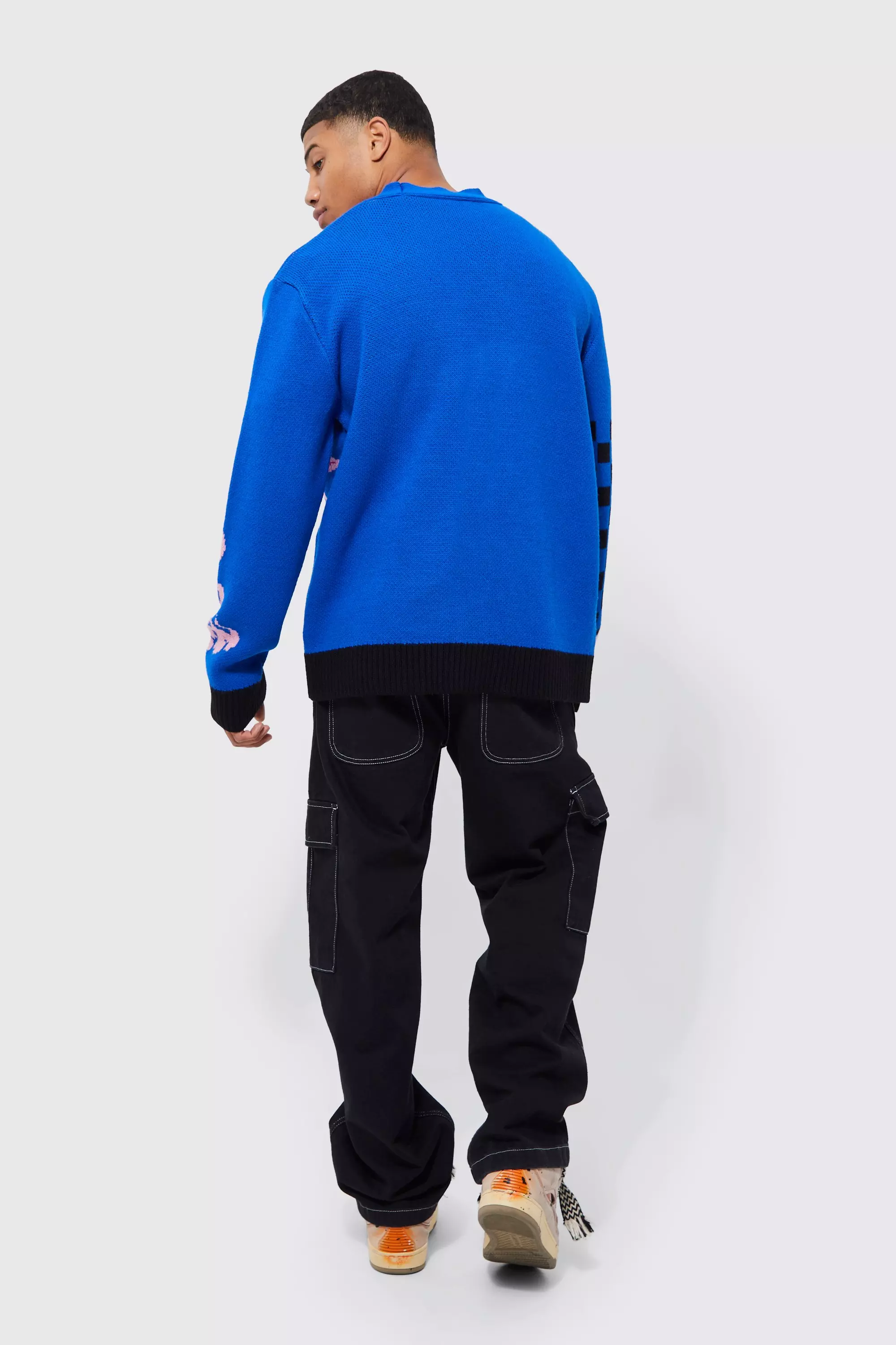 Cobalt Star And Check Relaxed Fit Knitted Cardigan alternative image