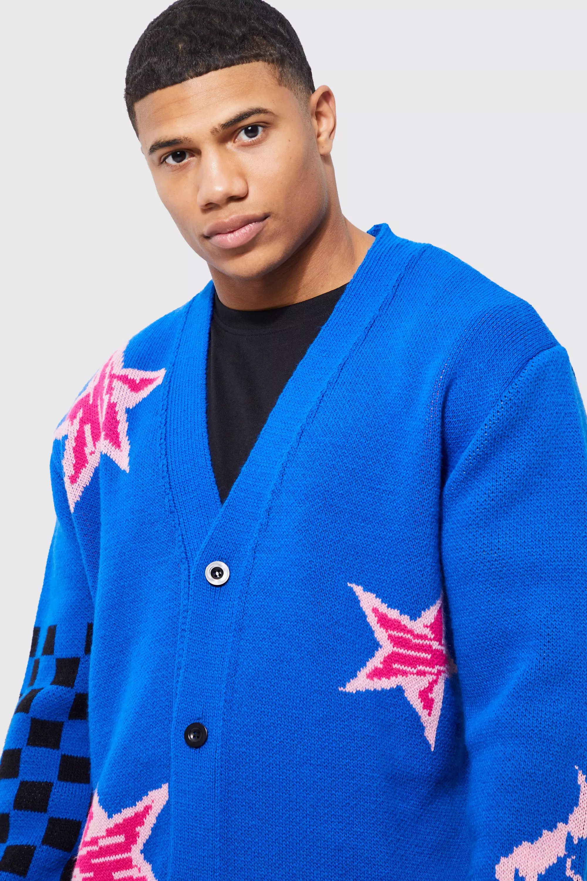 Cobalt Star And Check Relaxed Fit Knitted Cardigan alternative image