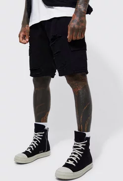 Fixed Waist Relaxed Rip And Repair Cargo Short Black