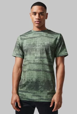Man Active Grid Camo Print T-shirt khaki