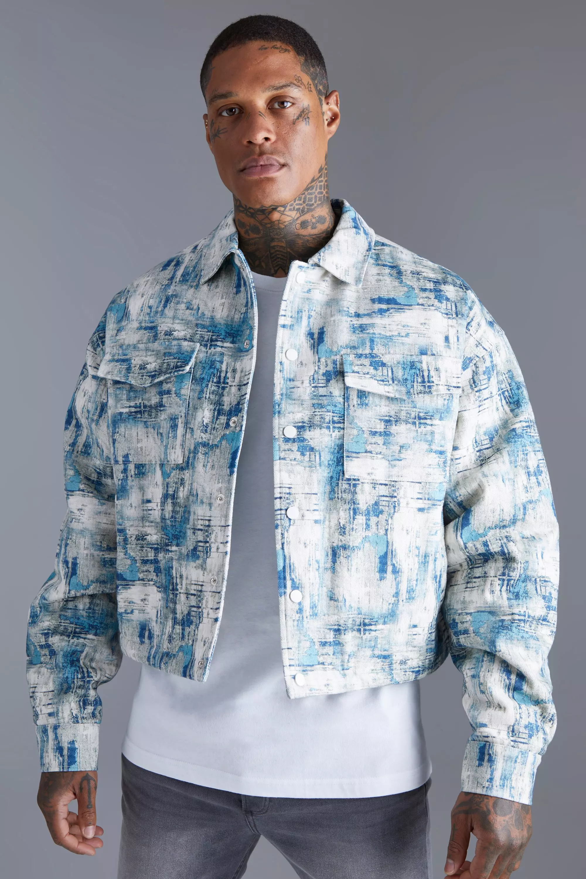 Blue Boxy Abstract Jacquard Harrington