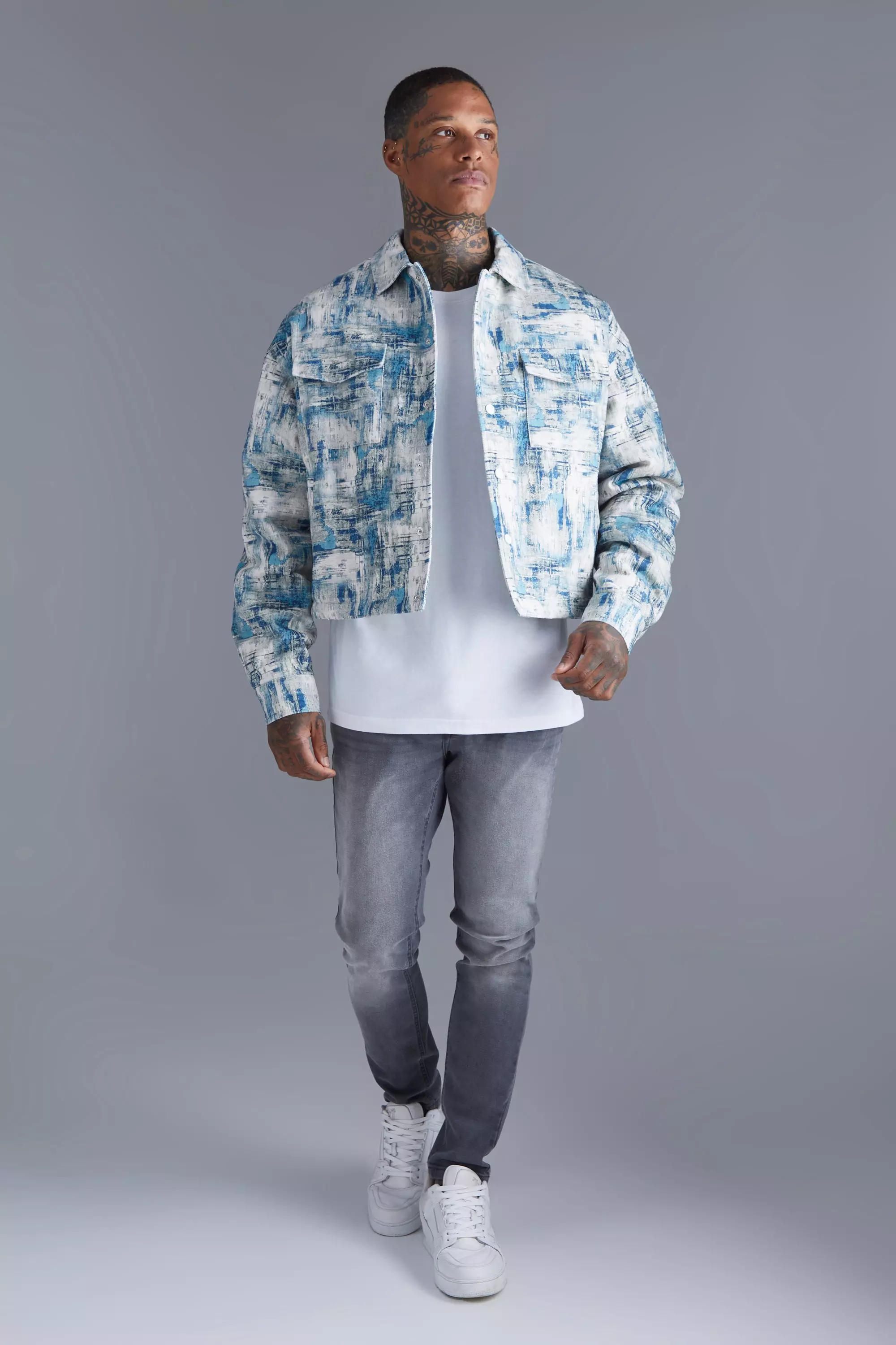 Boxy Abstract Jacquard Harrington Jacket | boohooMAN USA