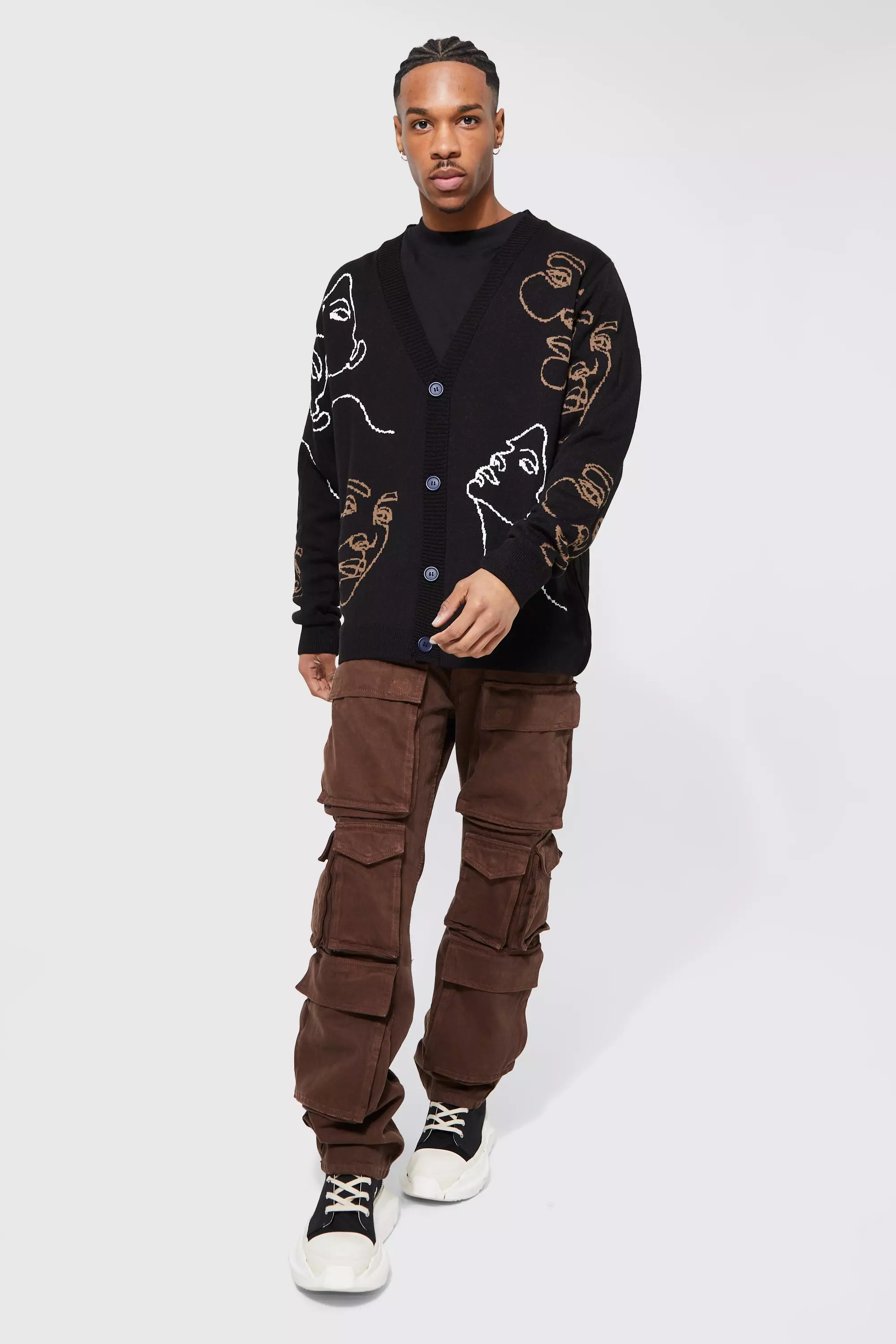 All Over Face Relaxed Knitted Cardigan | boohooMAN UK