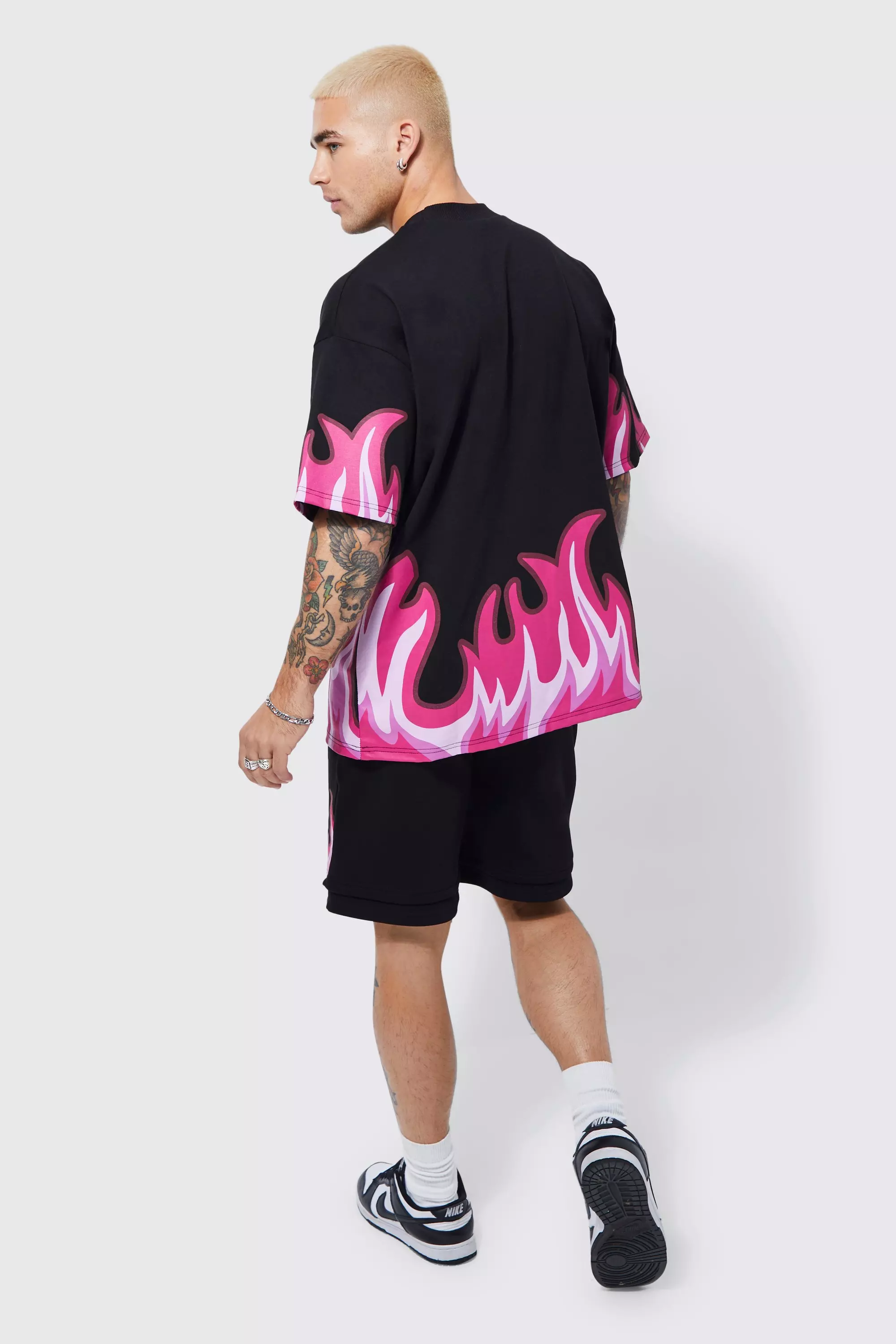 Oversized Flames Graphic Faux Layer Short Set | boohooMAN USA