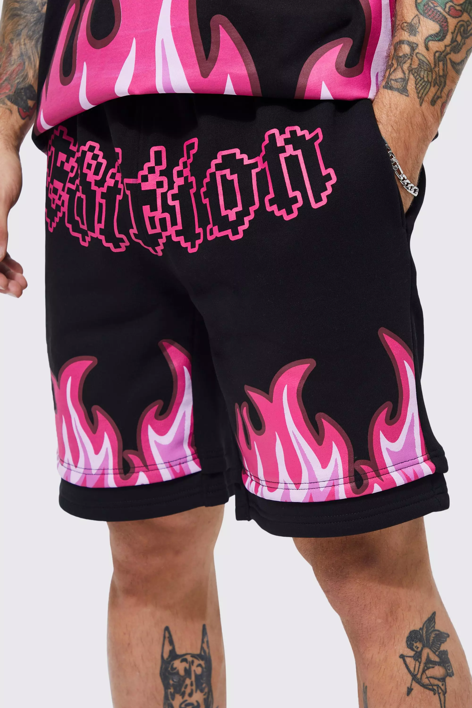 Oversized Flames Graphic Faux Layer Short Set | boohooMAN USA