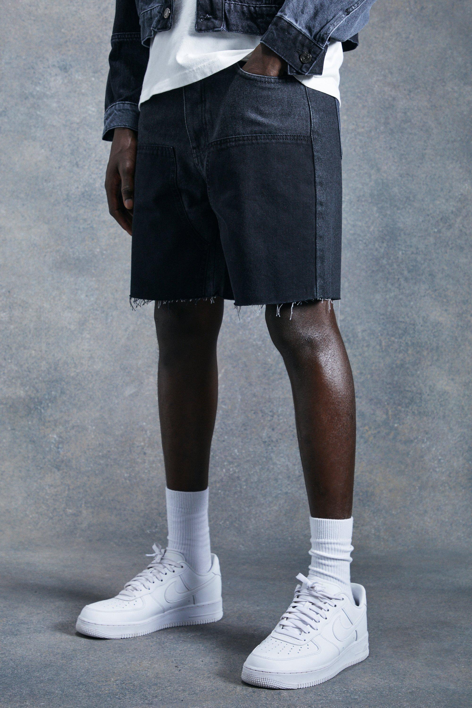 Washed black Relaxed Fit Worker Panel Jean Shorts