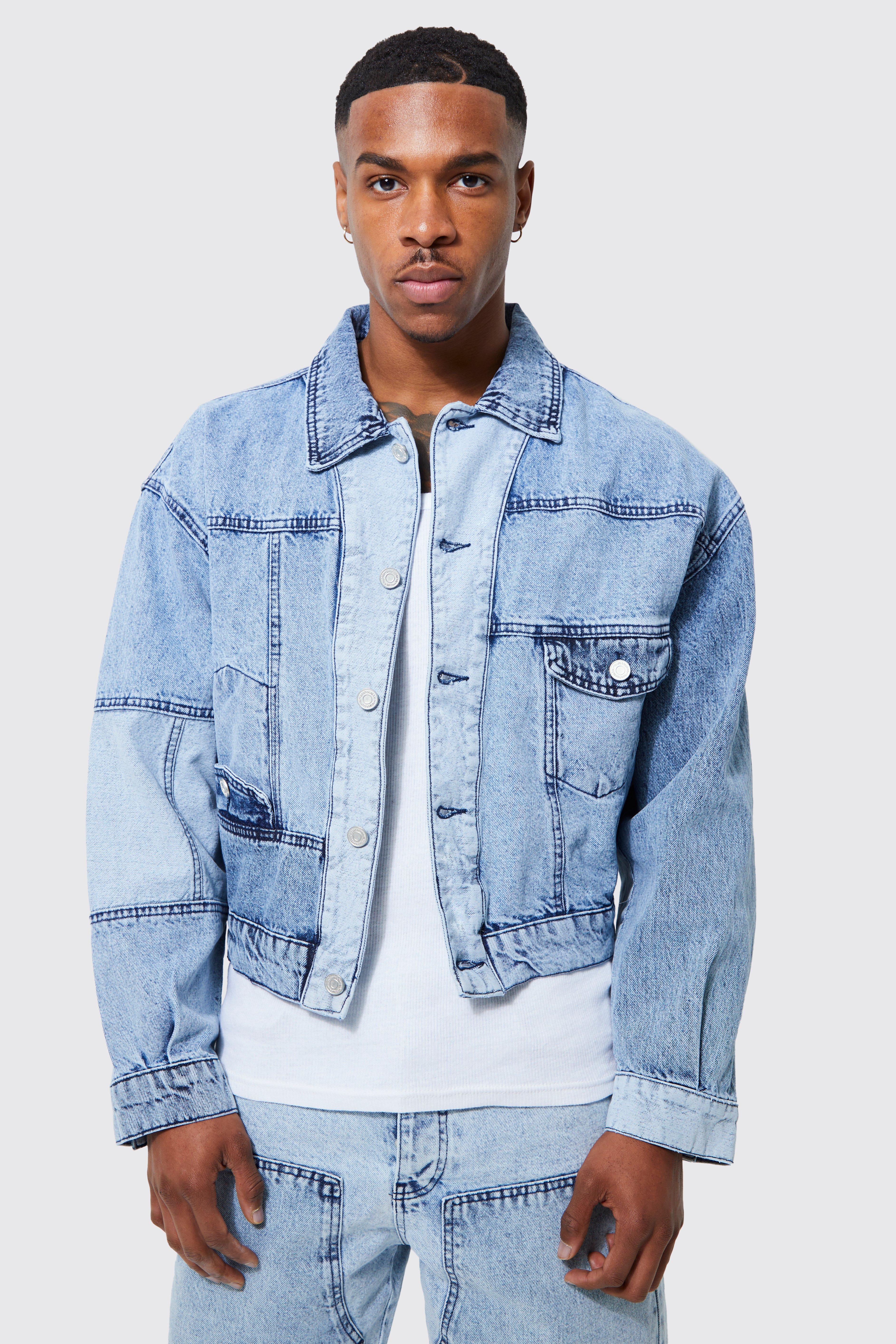 Ice blue Boxy Fit Spliced Print Jean Jacket