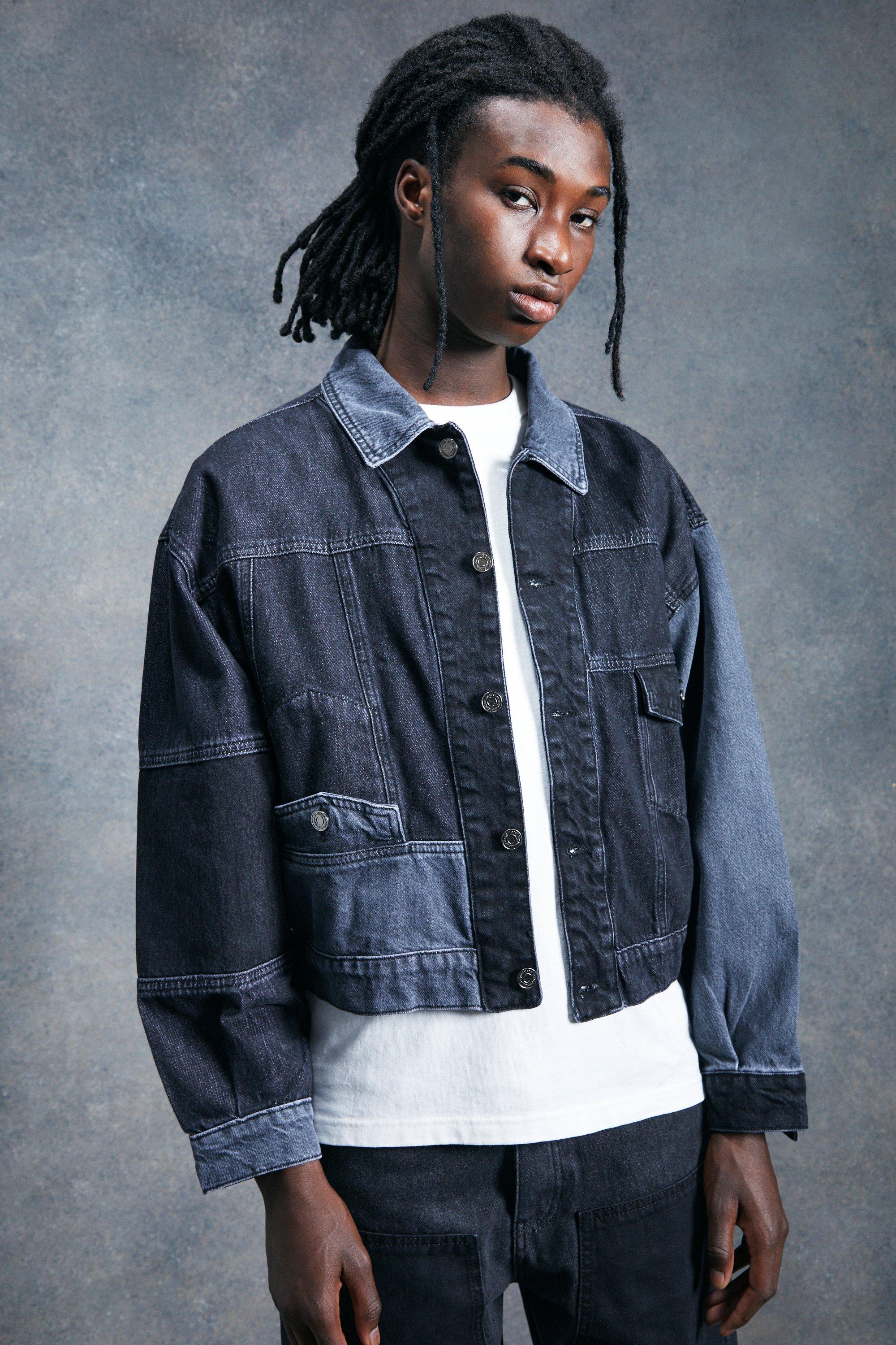 Washed black Boxy Fit Spliced Print Jean Jacket