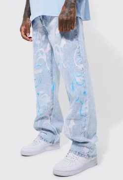 Baggy Graffiti Print Jeans Ice blue