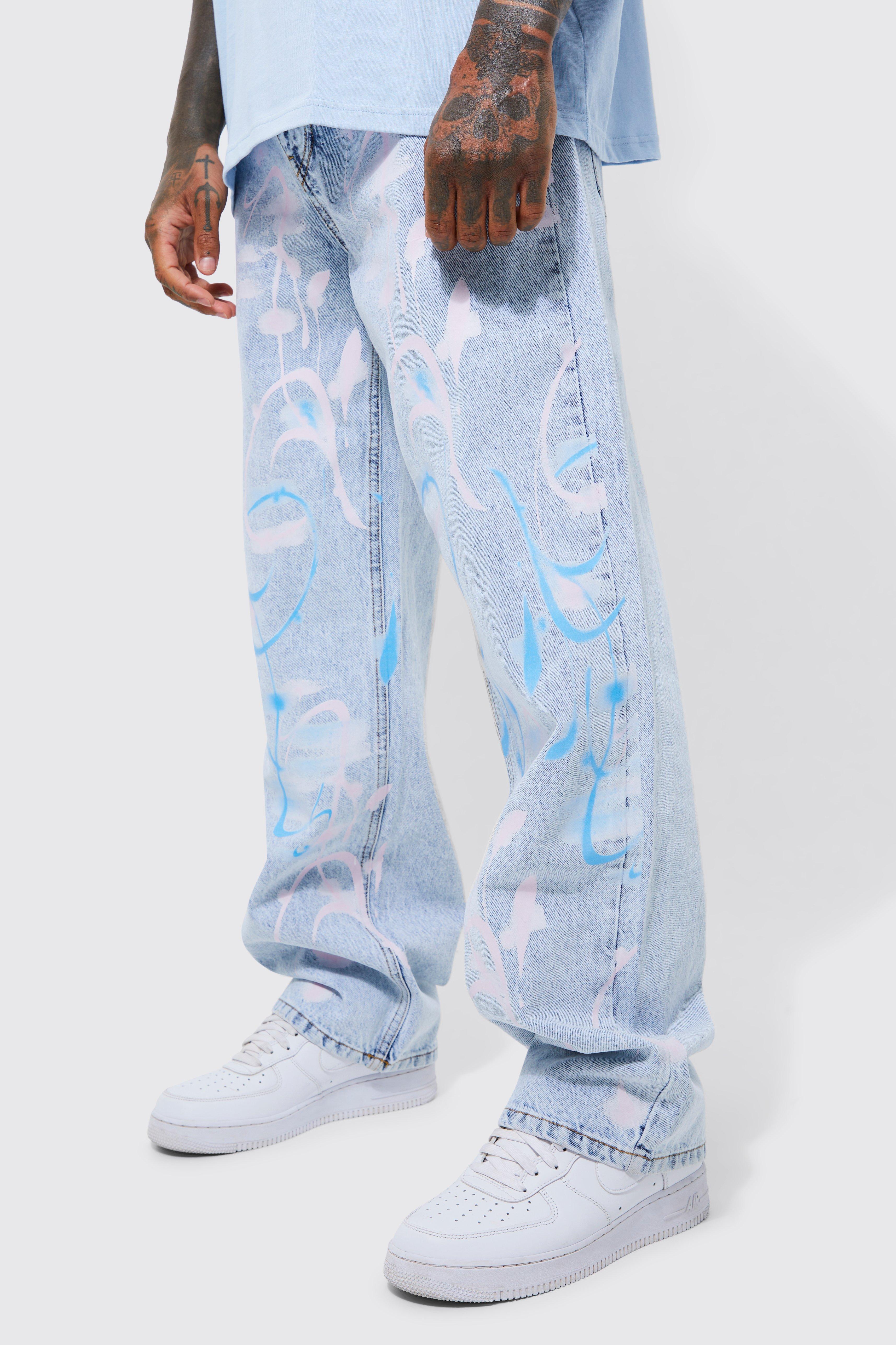 Men's loose straight jeans with graffiti print