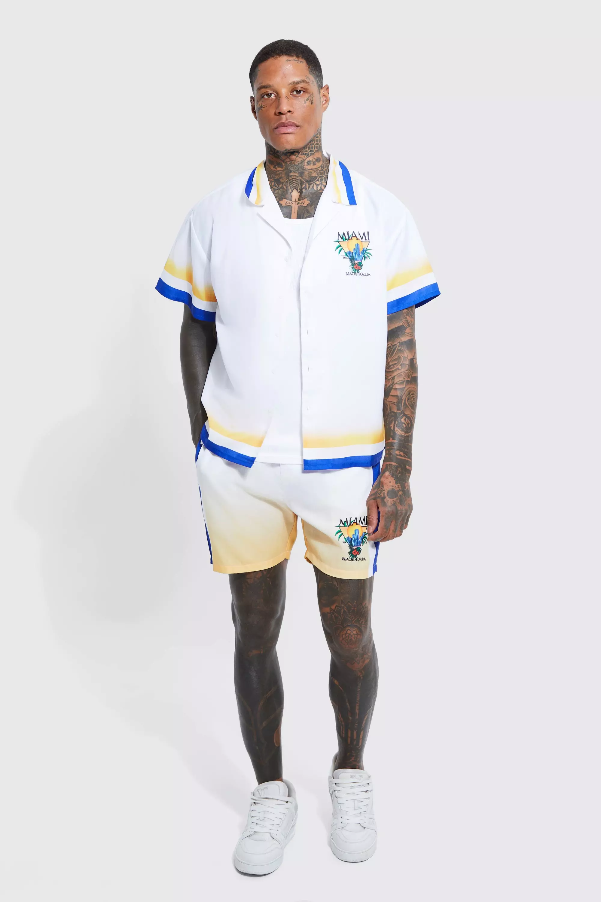 Boxy Miami Border Shirt And Short Set | boohooMAN USA