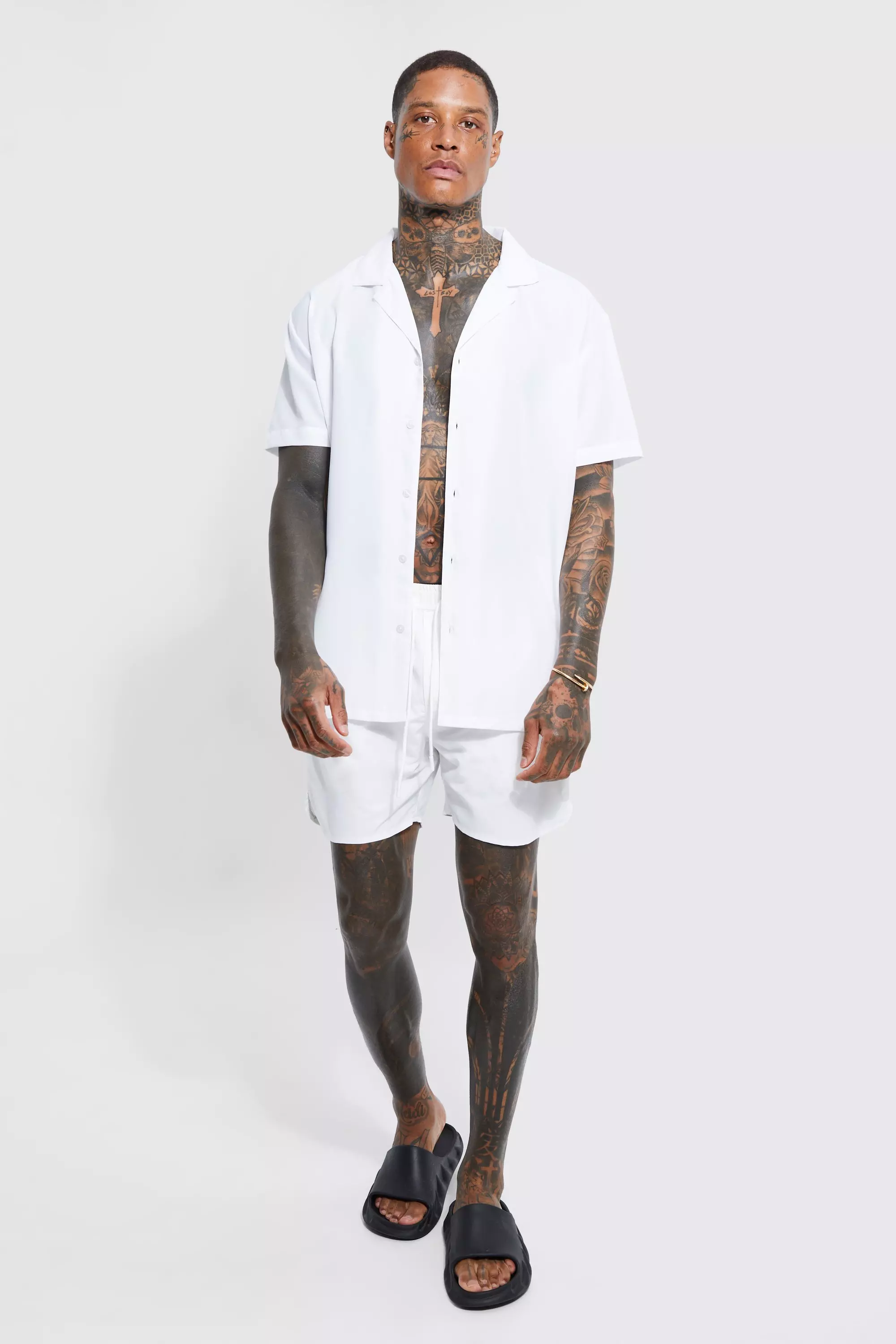 Plain Shirt And Matching Swim Trunks Set White