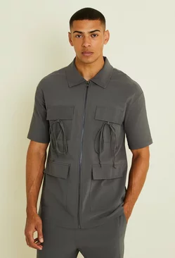 Short Sleeve Cargo Pocket Boxy Shirt Charcoal