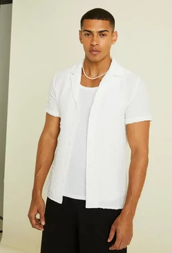 Slim Seersucker Drop Revere Shirt White