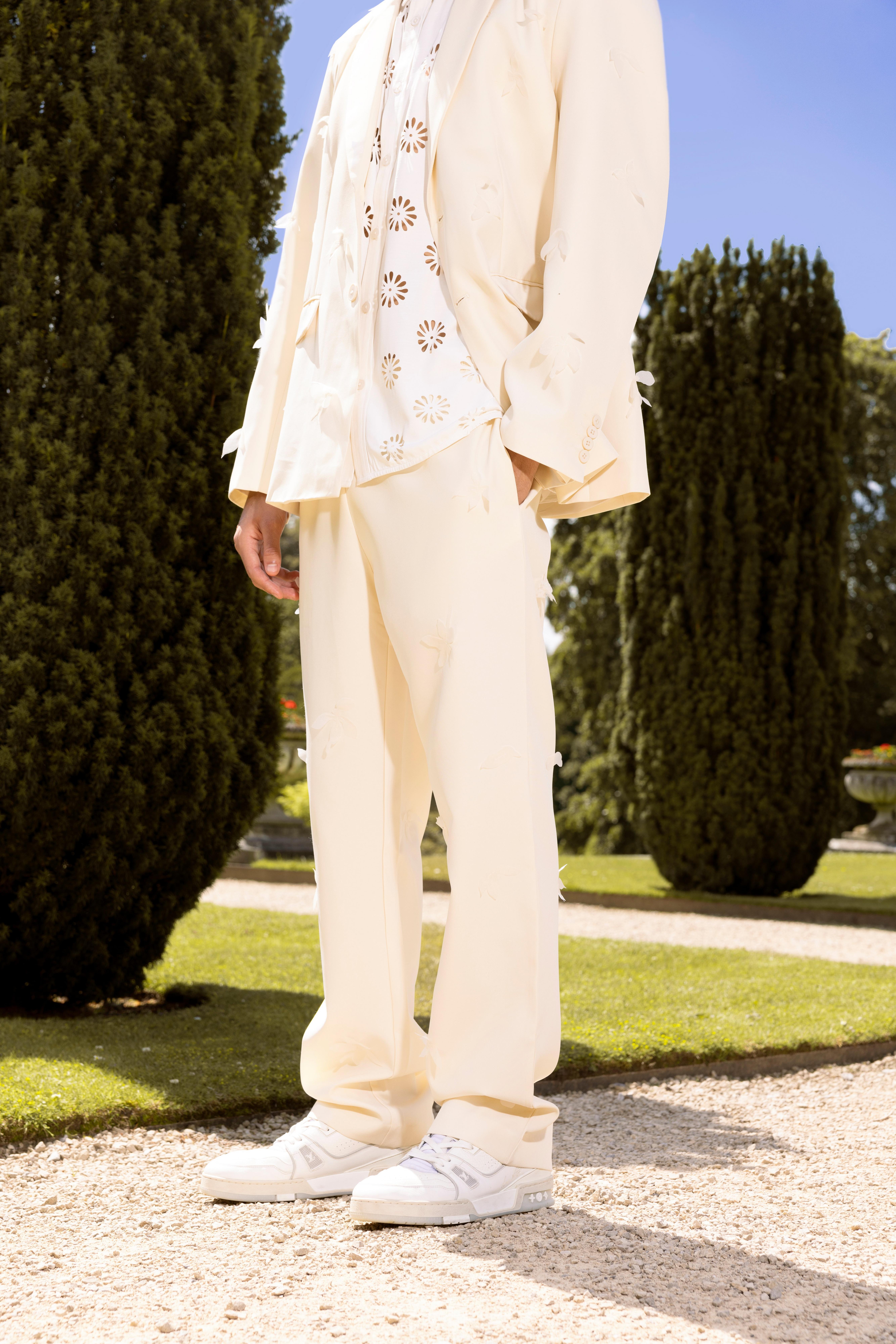 Ecru Organza Embroidered Relaxed Suit Pants