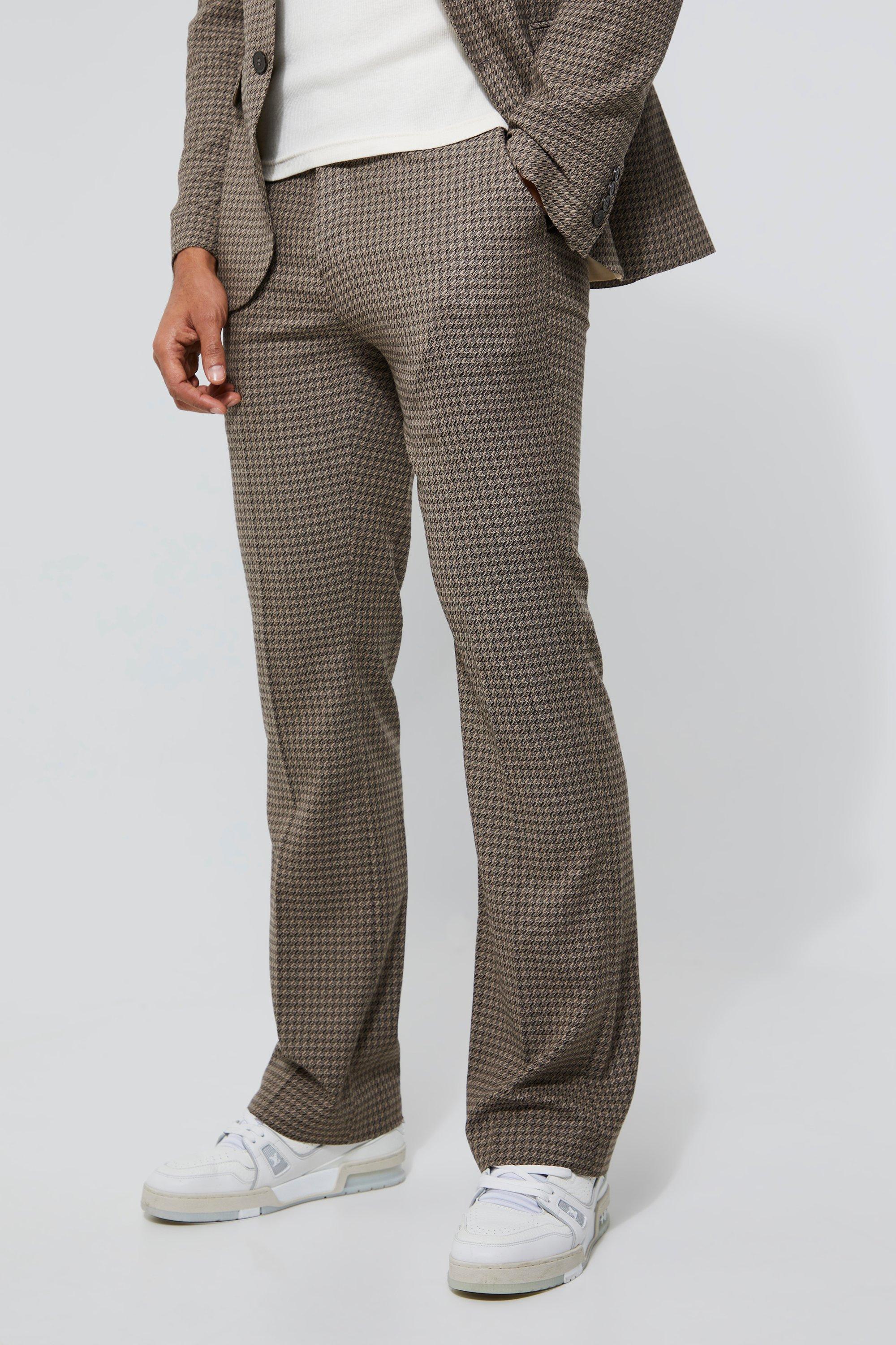 Brown Slim Fit Dogstooth Pantalons Met Wijd Uitlopende Pijpen