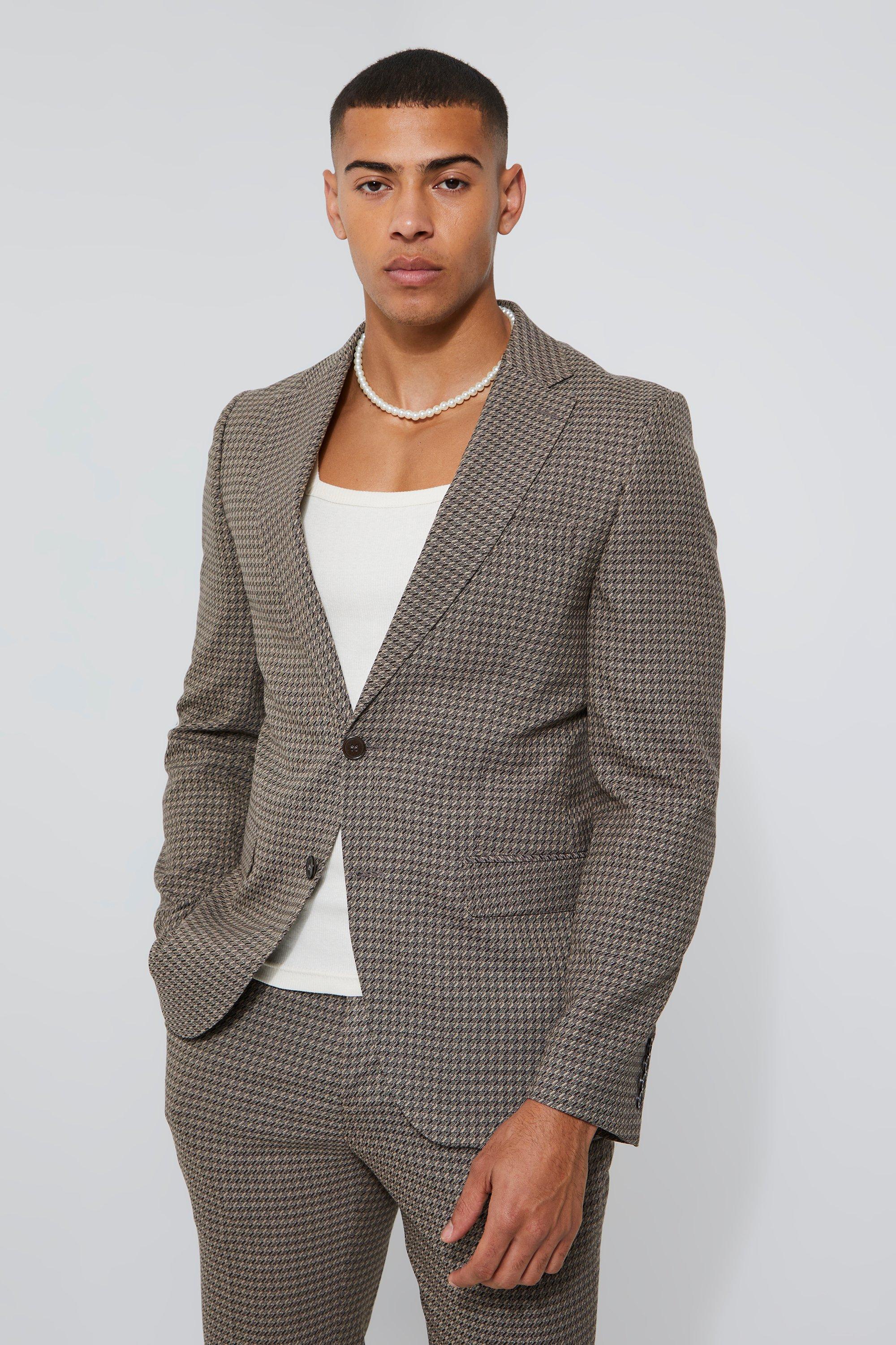 Toosii Skinny Single Breasted Dogstooth Suit Jacket, Brown