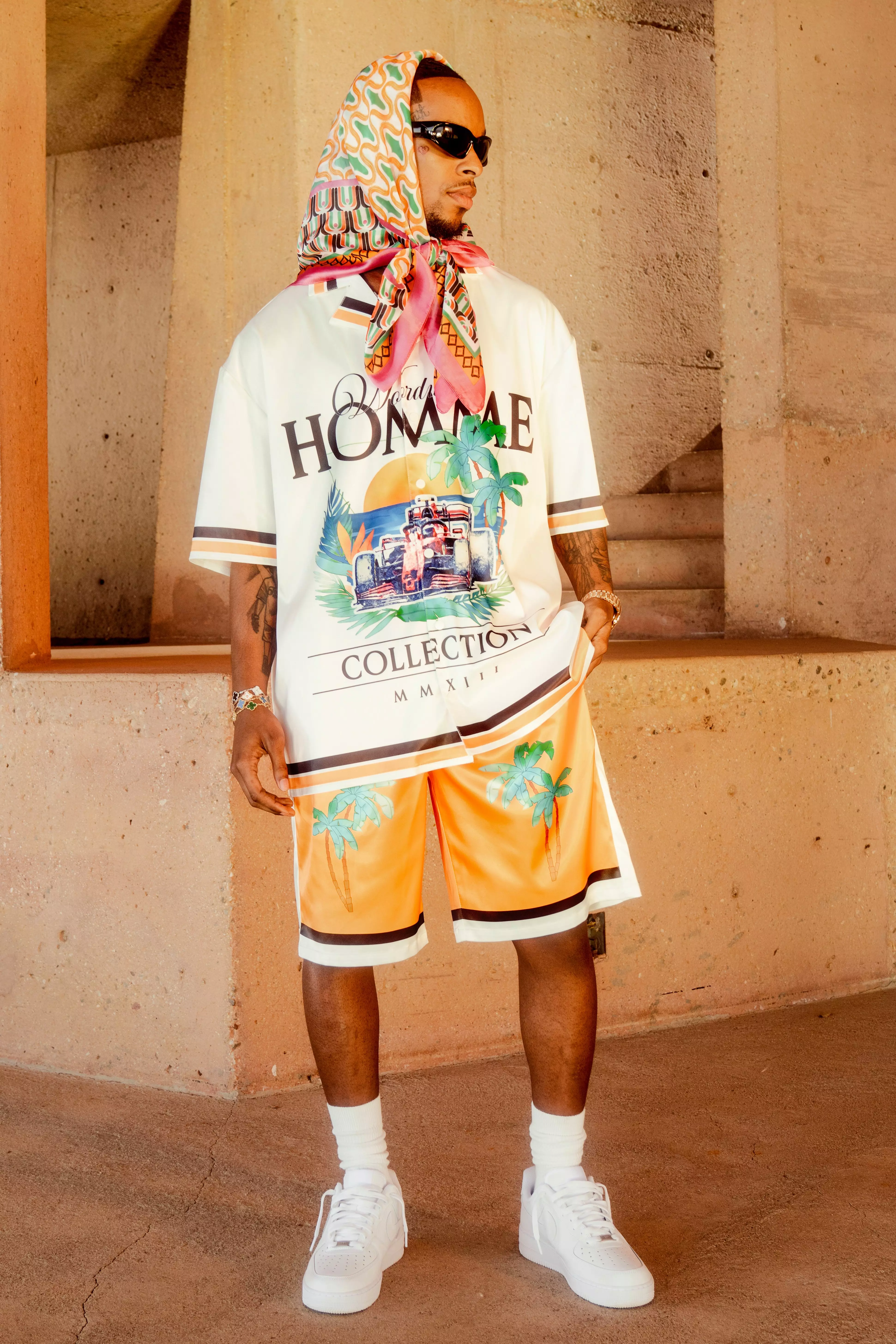 Yellow Toosii Boxy Oversized Satin Graphic Shirt And Shorts alternative image