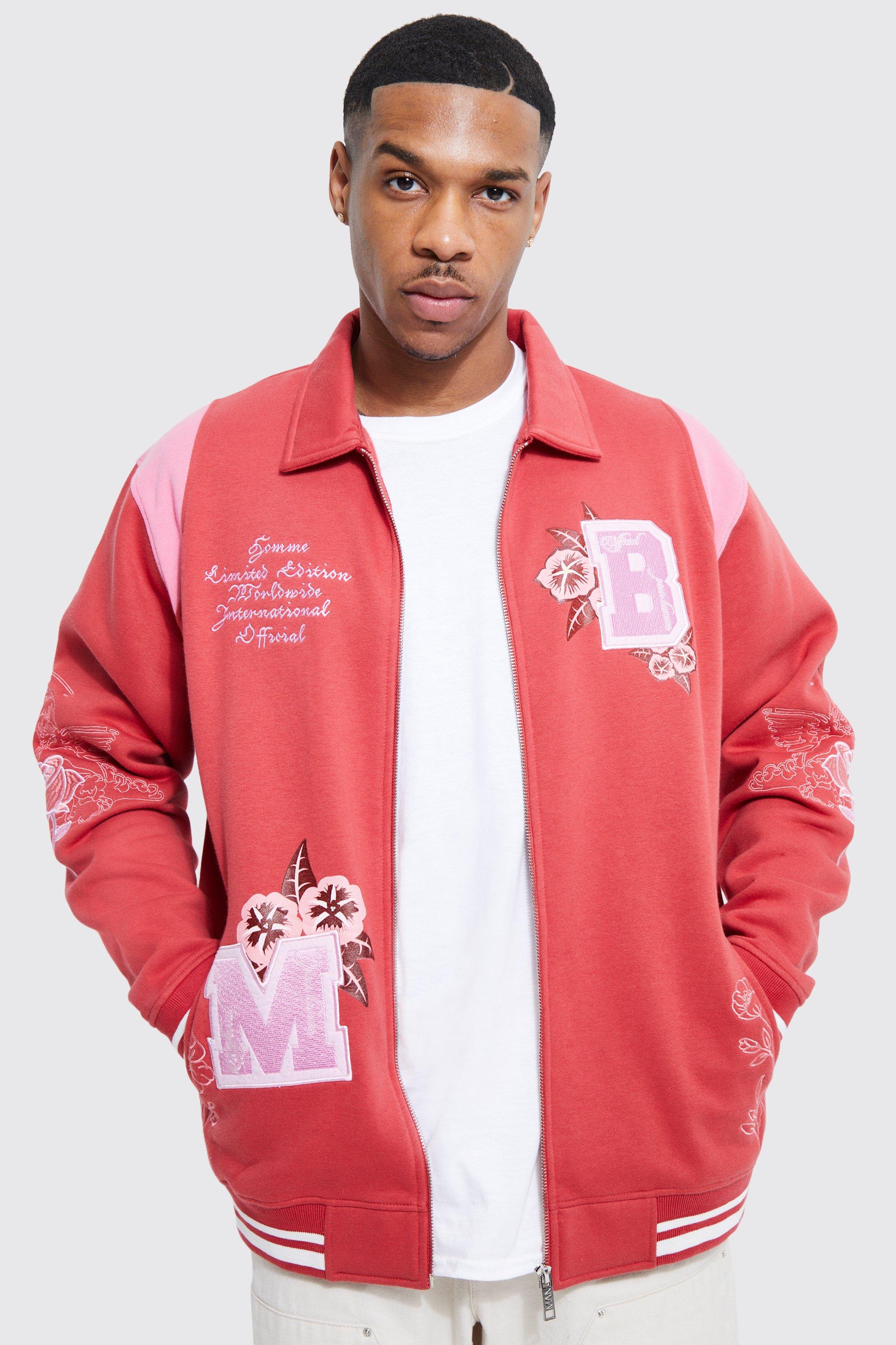 ASOS DESIGN oversized varsity jersey jacket in sherpa with badging