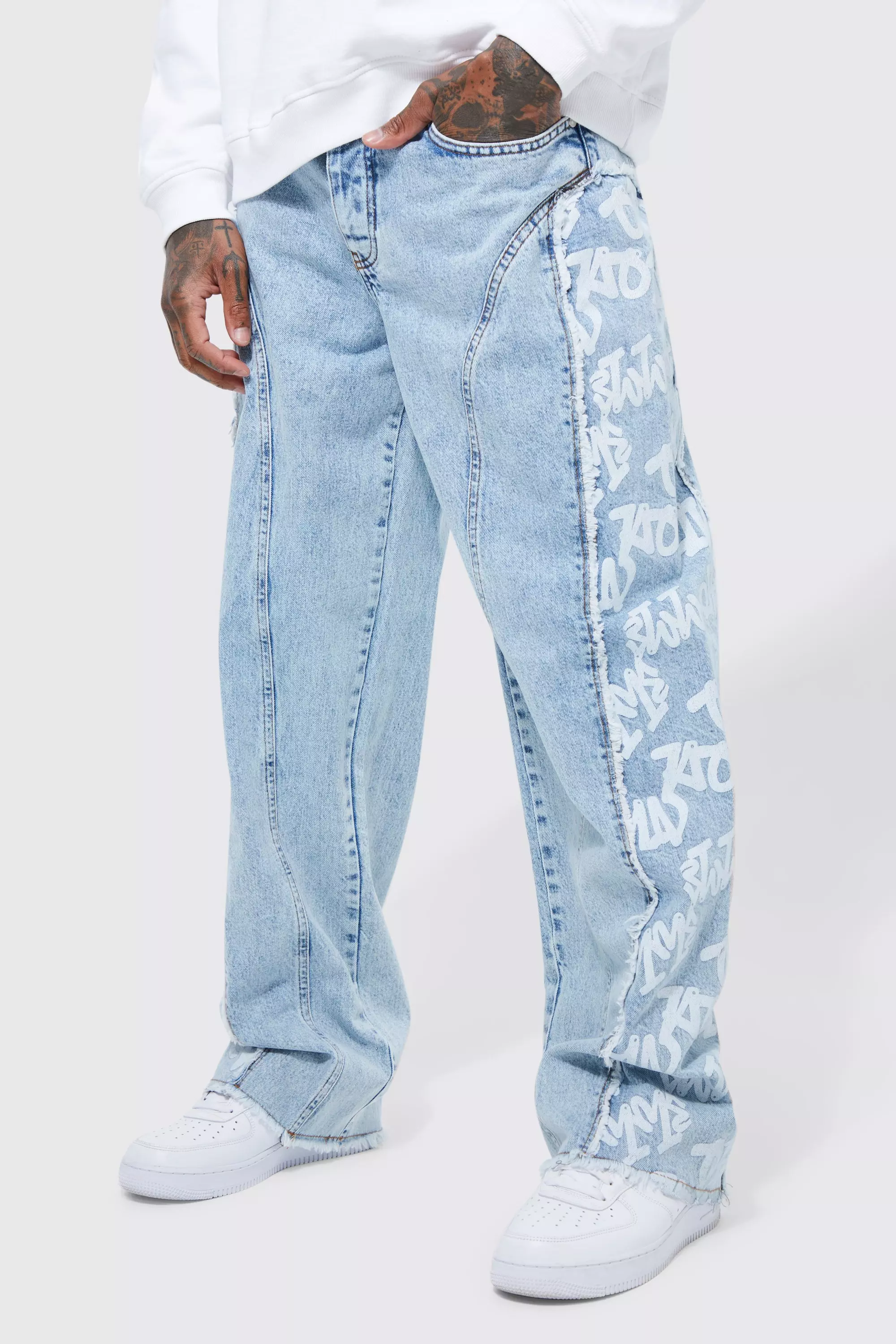 Blue Baggy Fit Gusset Detail Distressed Jeans