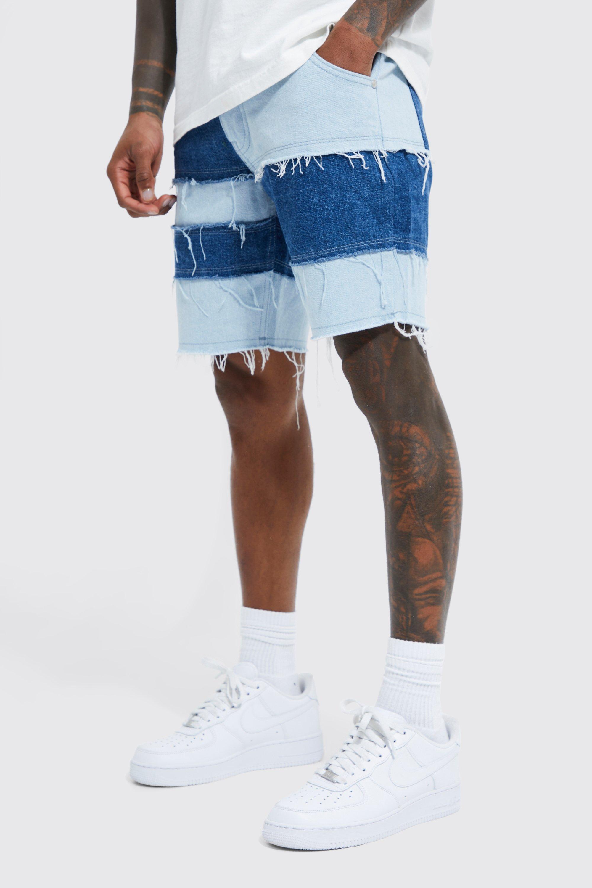 Ice blue Straight Rigid Patchwork Denim Shorts