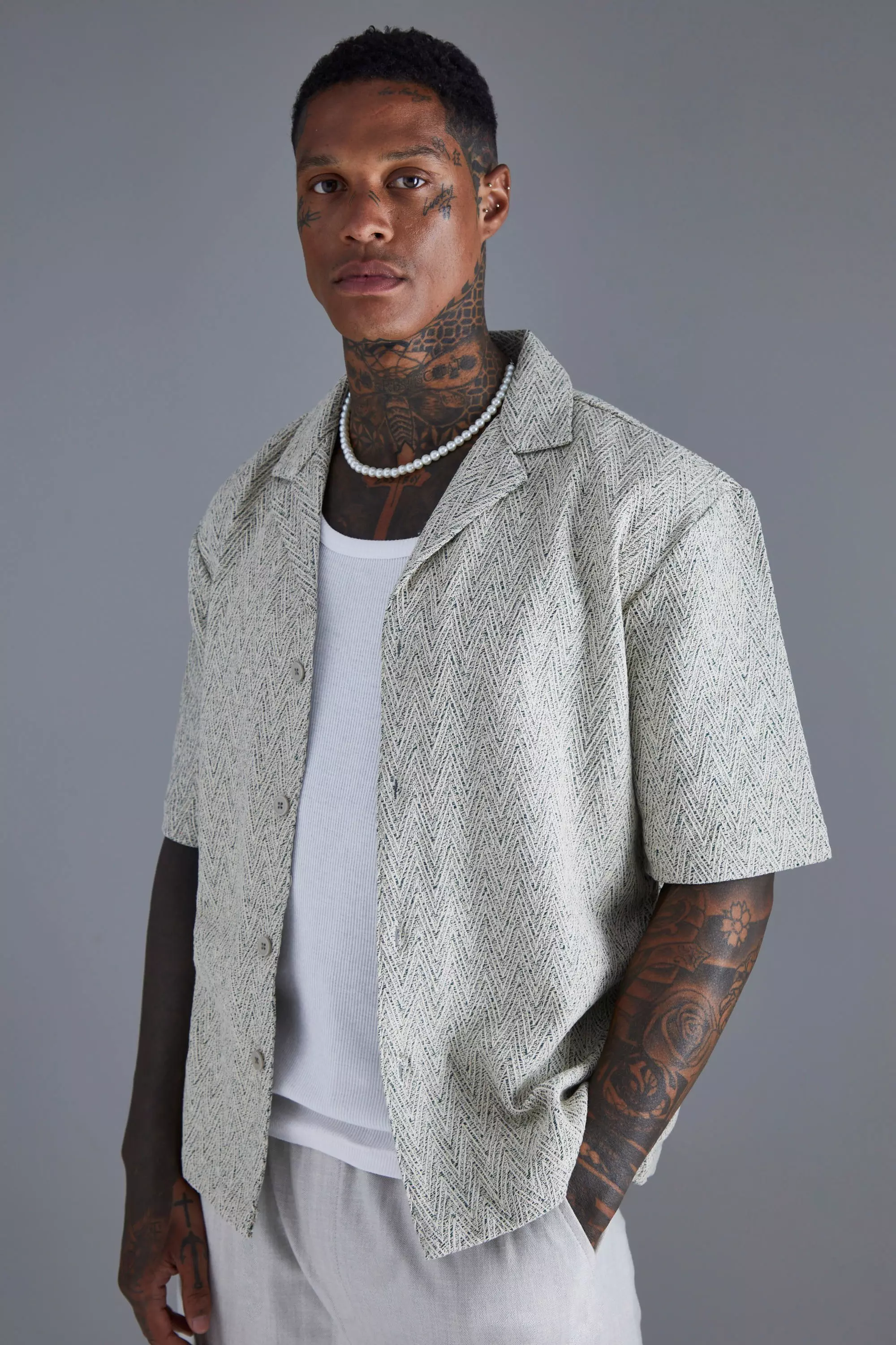 Dropped Revere Textured Herringbone Shirt Ecru