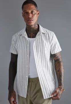 White Short Sleeve Textured Stripe Shirt