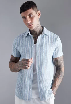 Blue Short Sleeve Textured Stripe Shirt