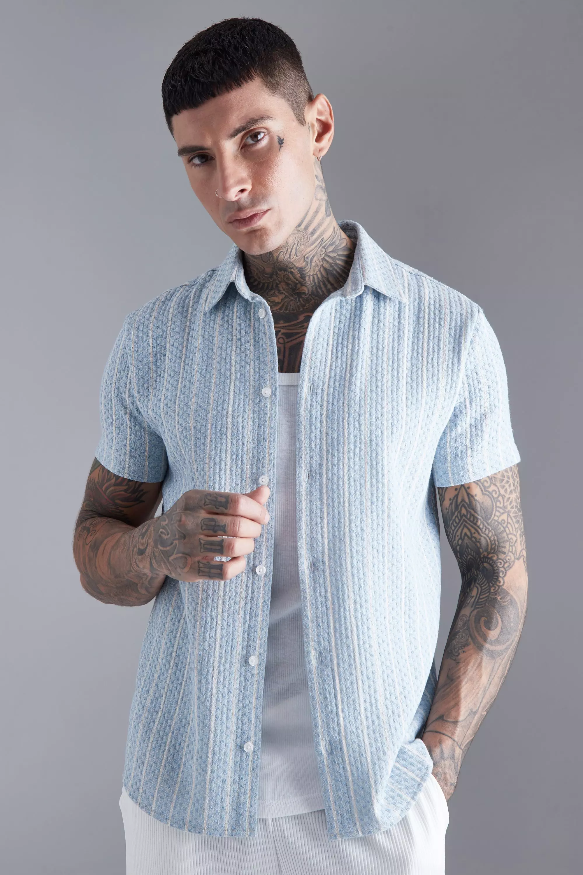 Short Sleeve Textured Stripe Shirt Light blue