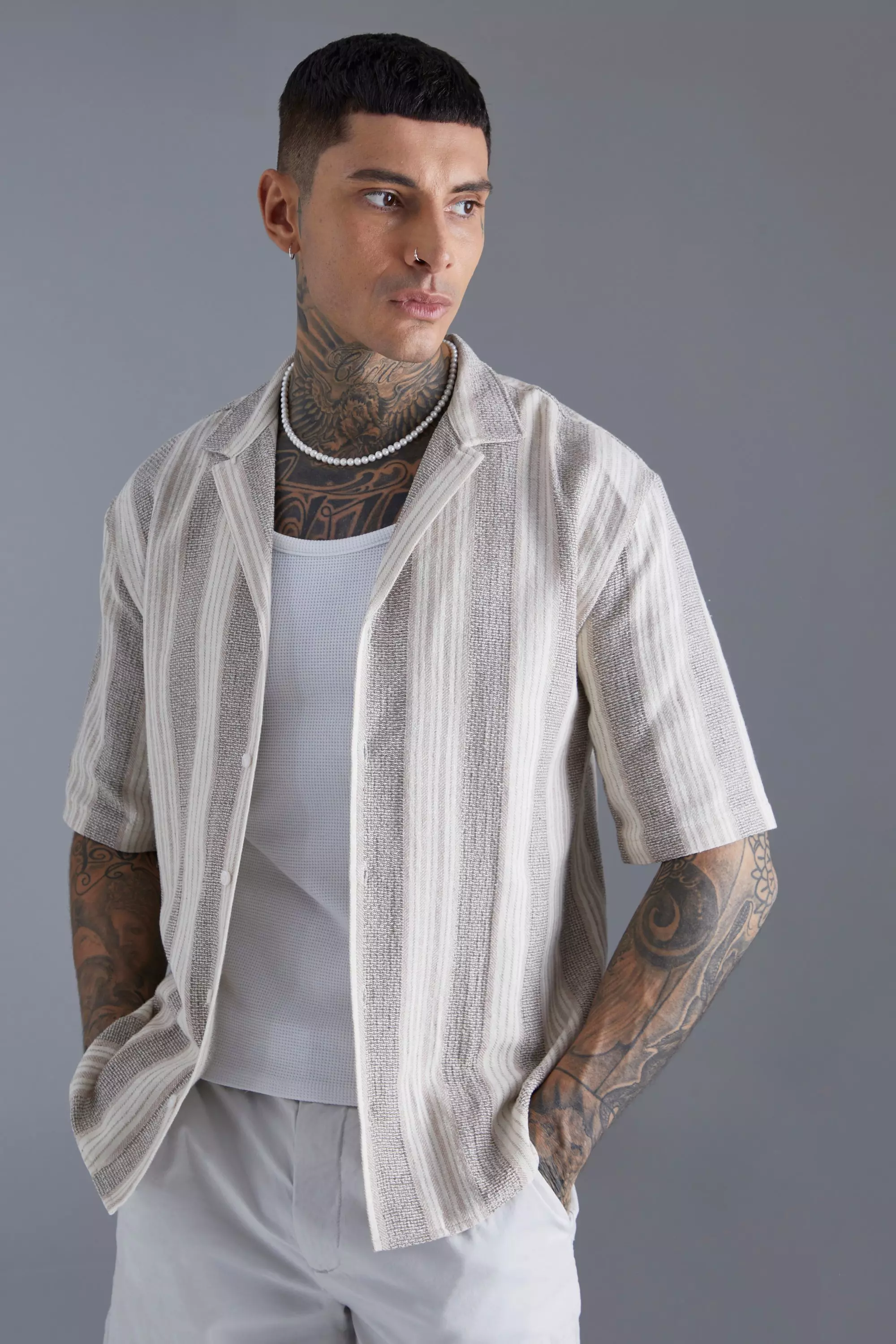 Dropped Revere Linen Look Stripe Shirt Ecru