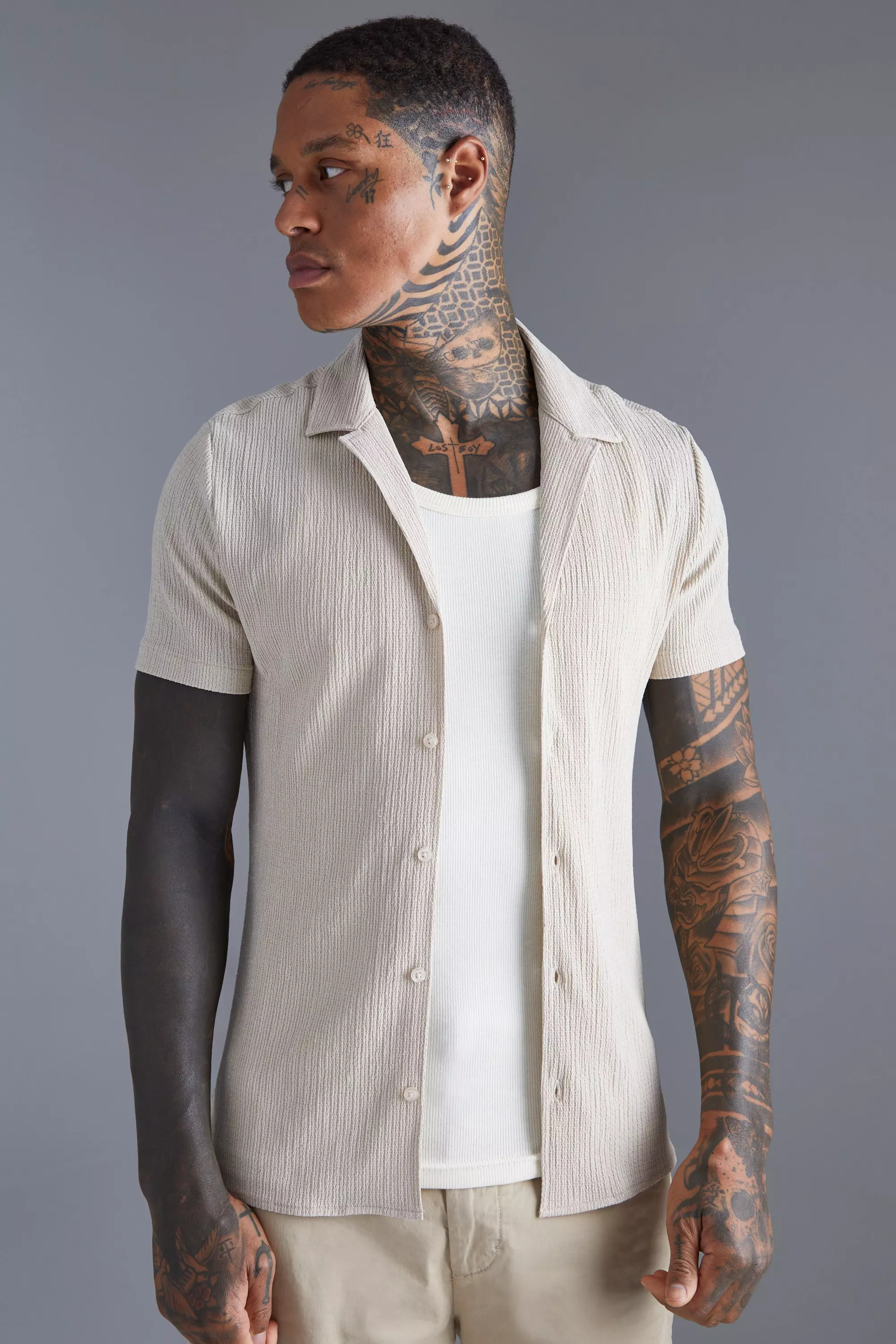 Crinkle Muscle Dropped Revere Shirt Stone