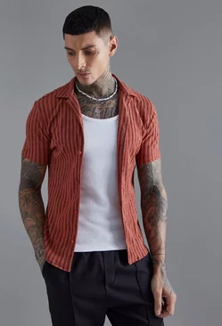 Short Sleeve Revere Stripe Muscle Shirt Rust