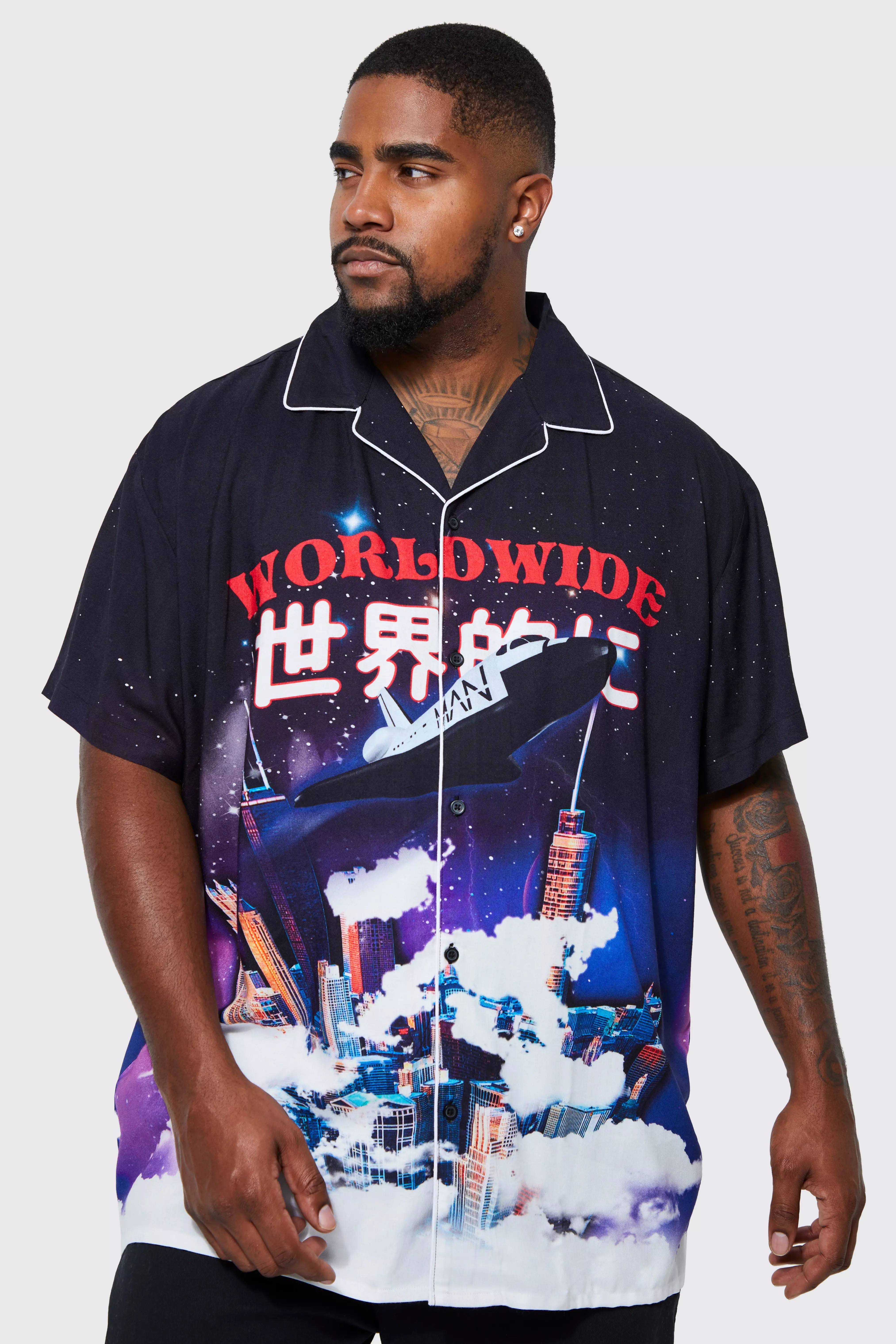 Plus Oversized Dropped Revere Worldwide Shirt Black