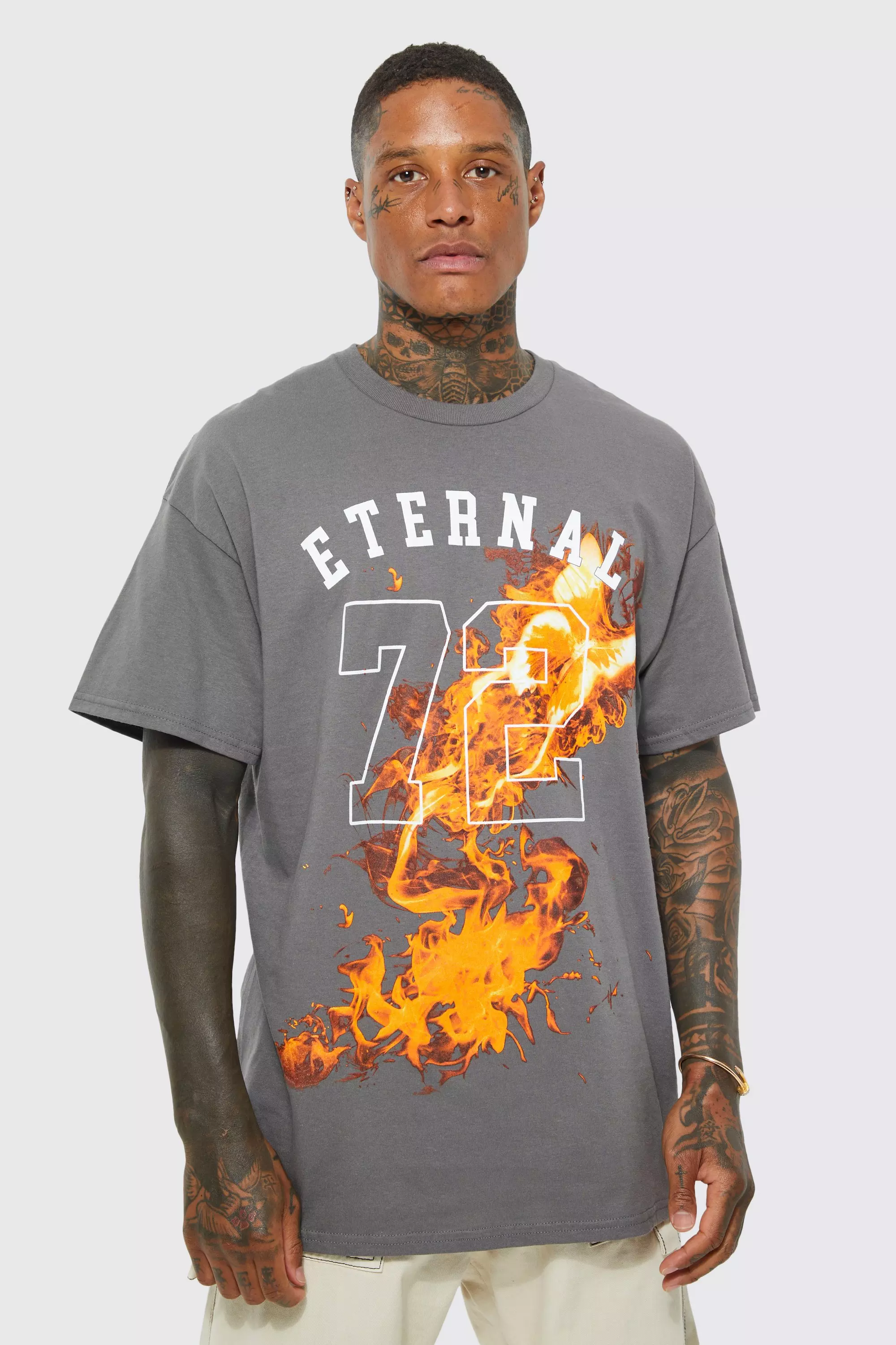 Charcoal Oversized Varsity Flames Graphic T-shirt alternative image