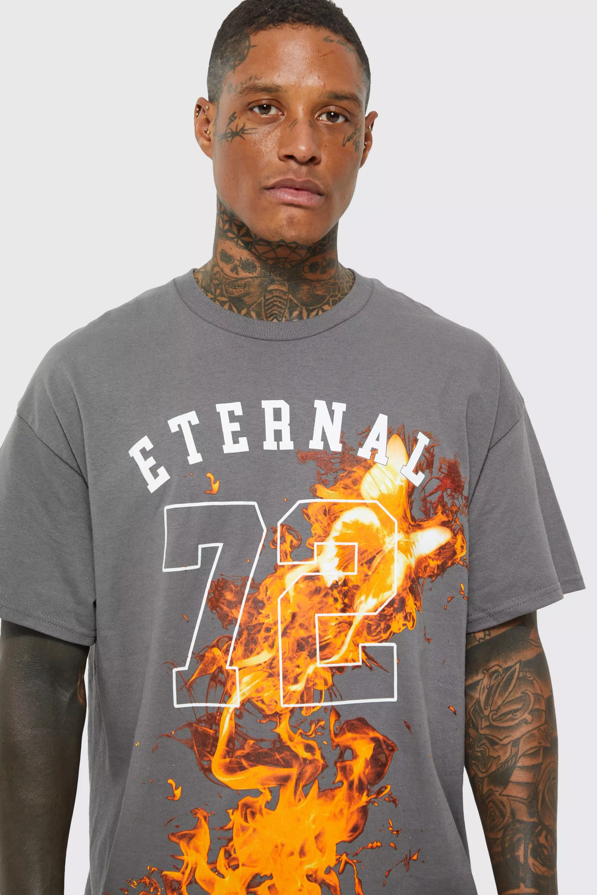 Charcoal Oversized Varsity Flames Graphic T-shirt alternative image