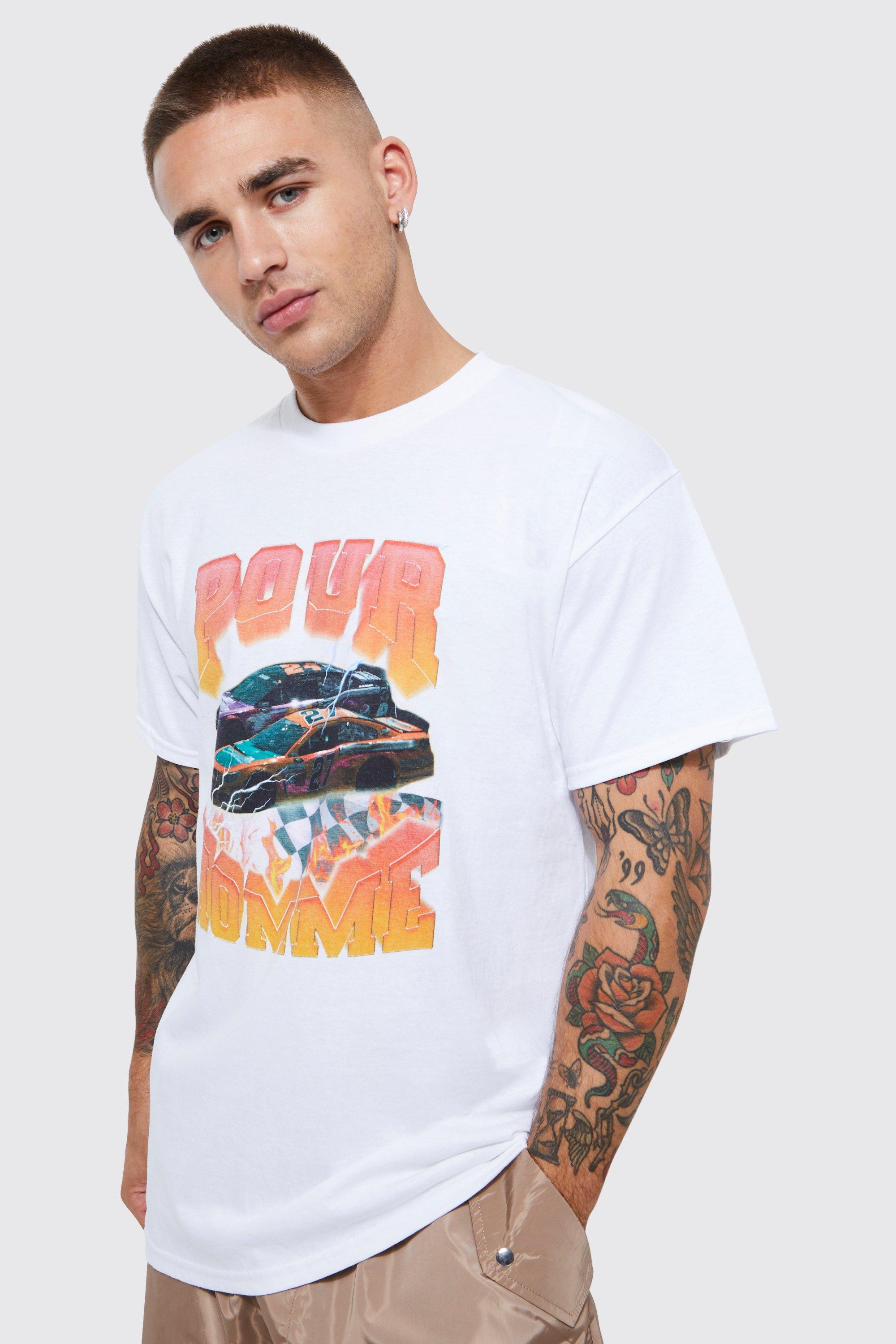 boohooMAN Oversized Extended Neck Car Graphic T-Shirt - Beige - Size M