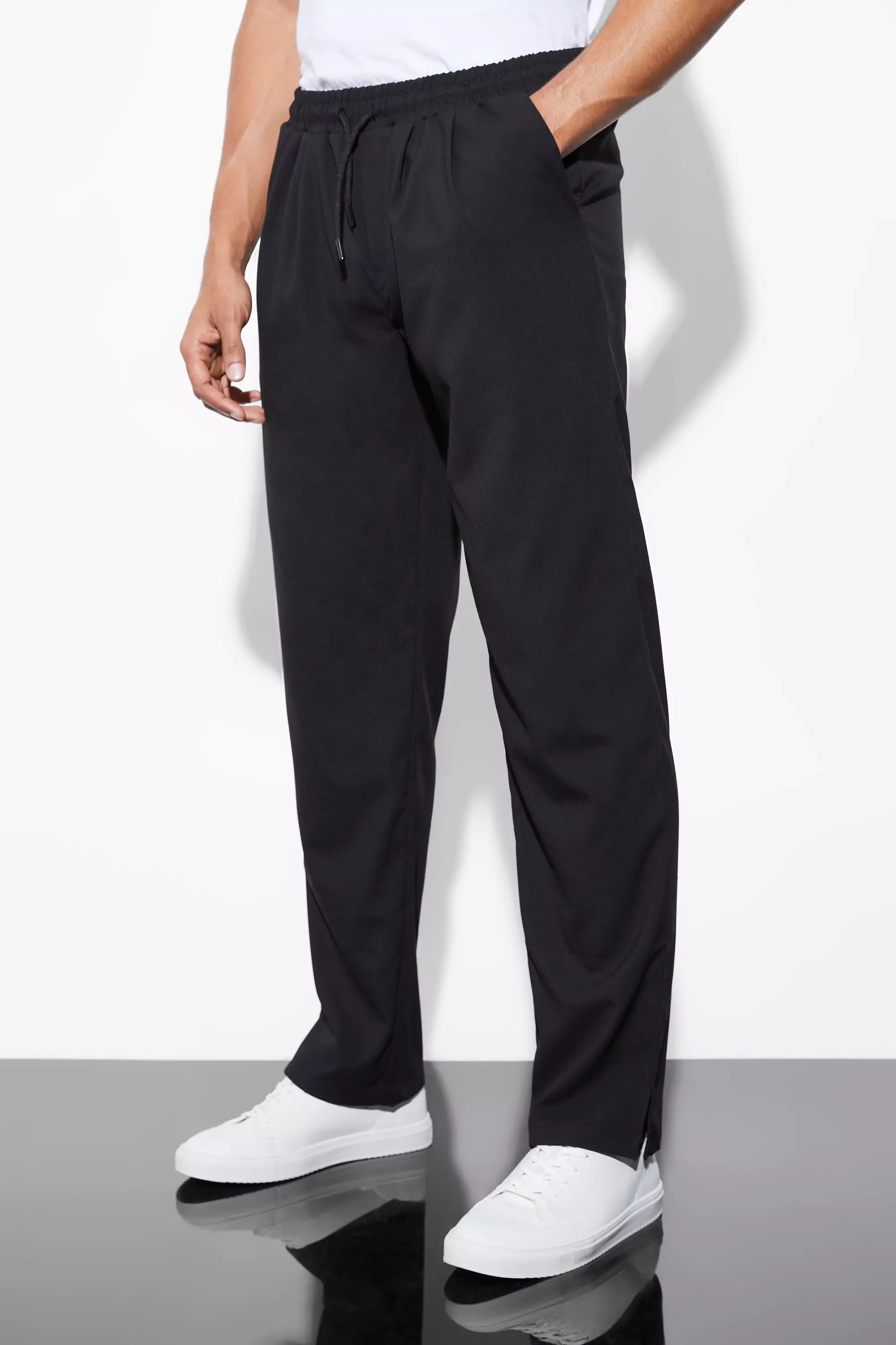 Black Elasticated Straight Leg Split Hem Pants