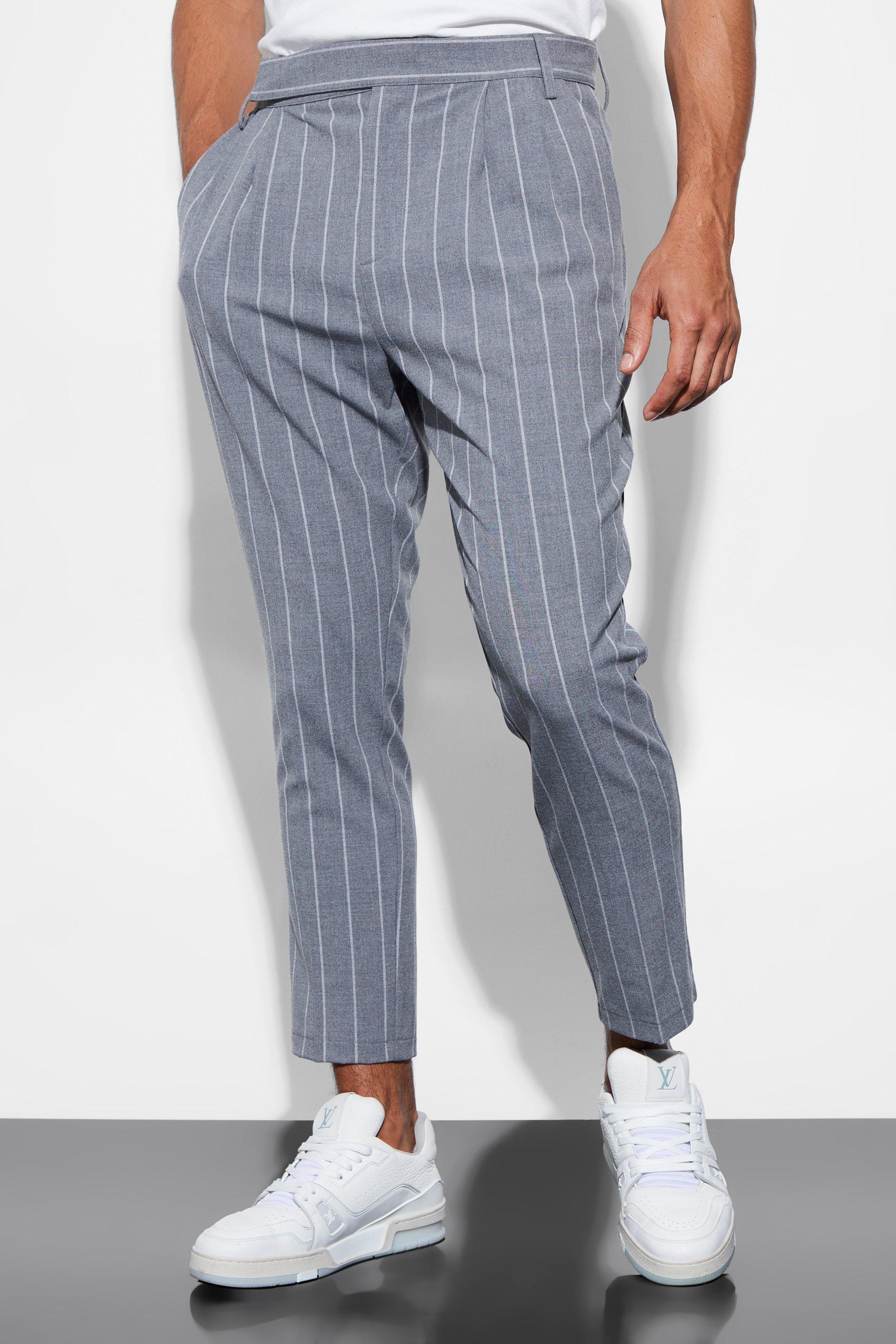 Boohooman cropped pinstripe trousers in grey sale