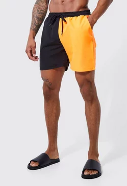 Mid Length Spliced Waistband Man Swim Trunks Orange