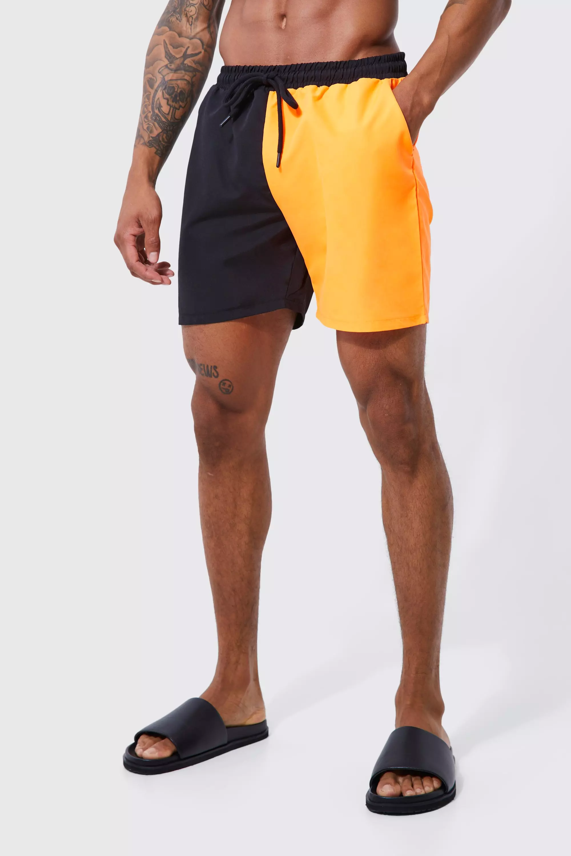 Orange Mid Length Spliced Waistband Man Swim Trunks