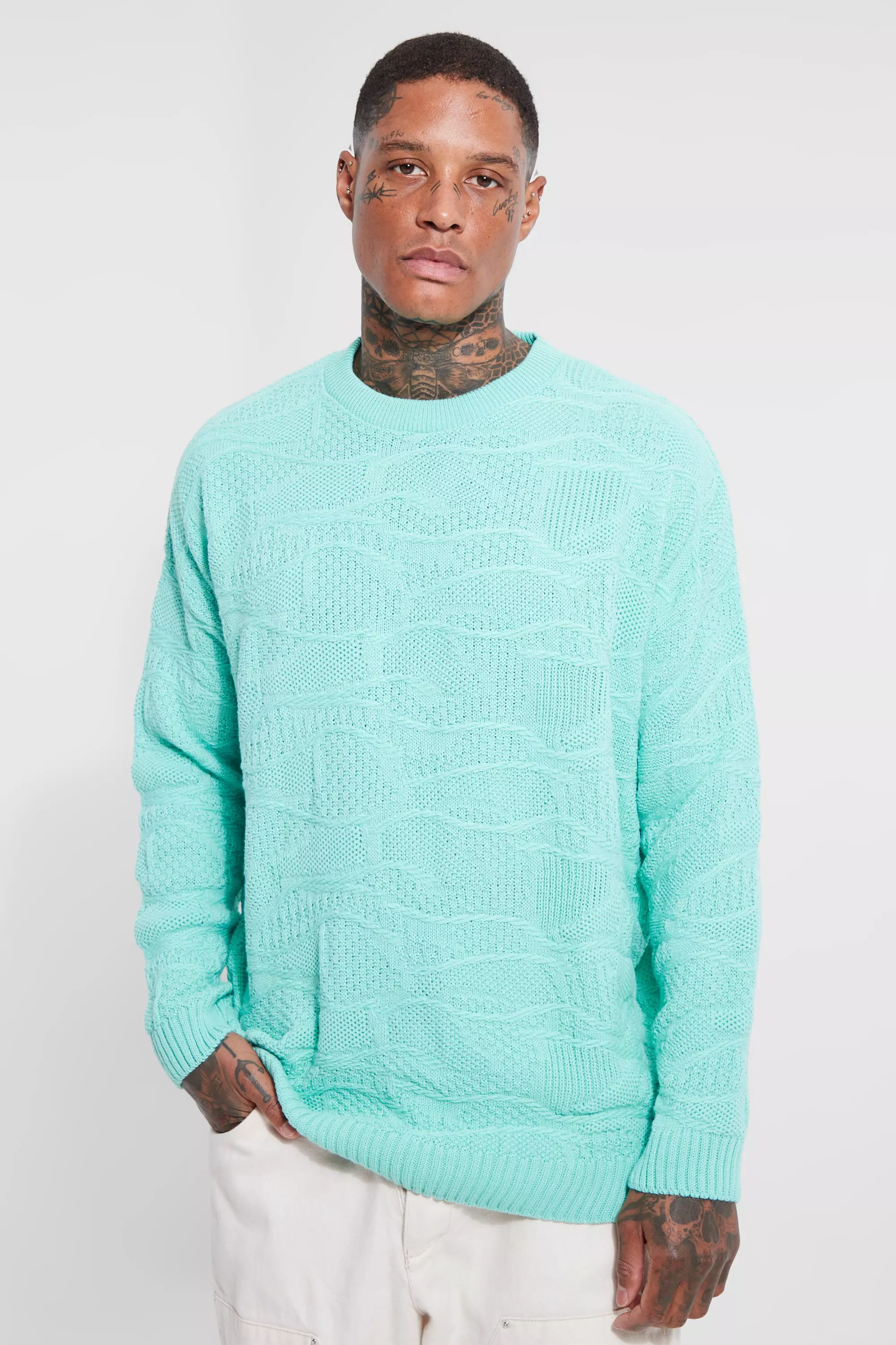 Geo Jacquard Cable Knitted Sweater Aqua