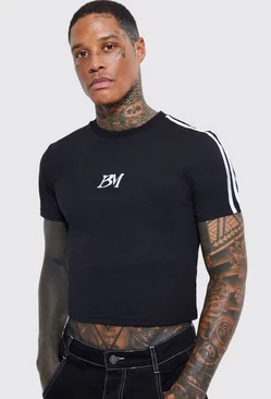 Black Cropped Muscle Fit Embroidered T-shirt
