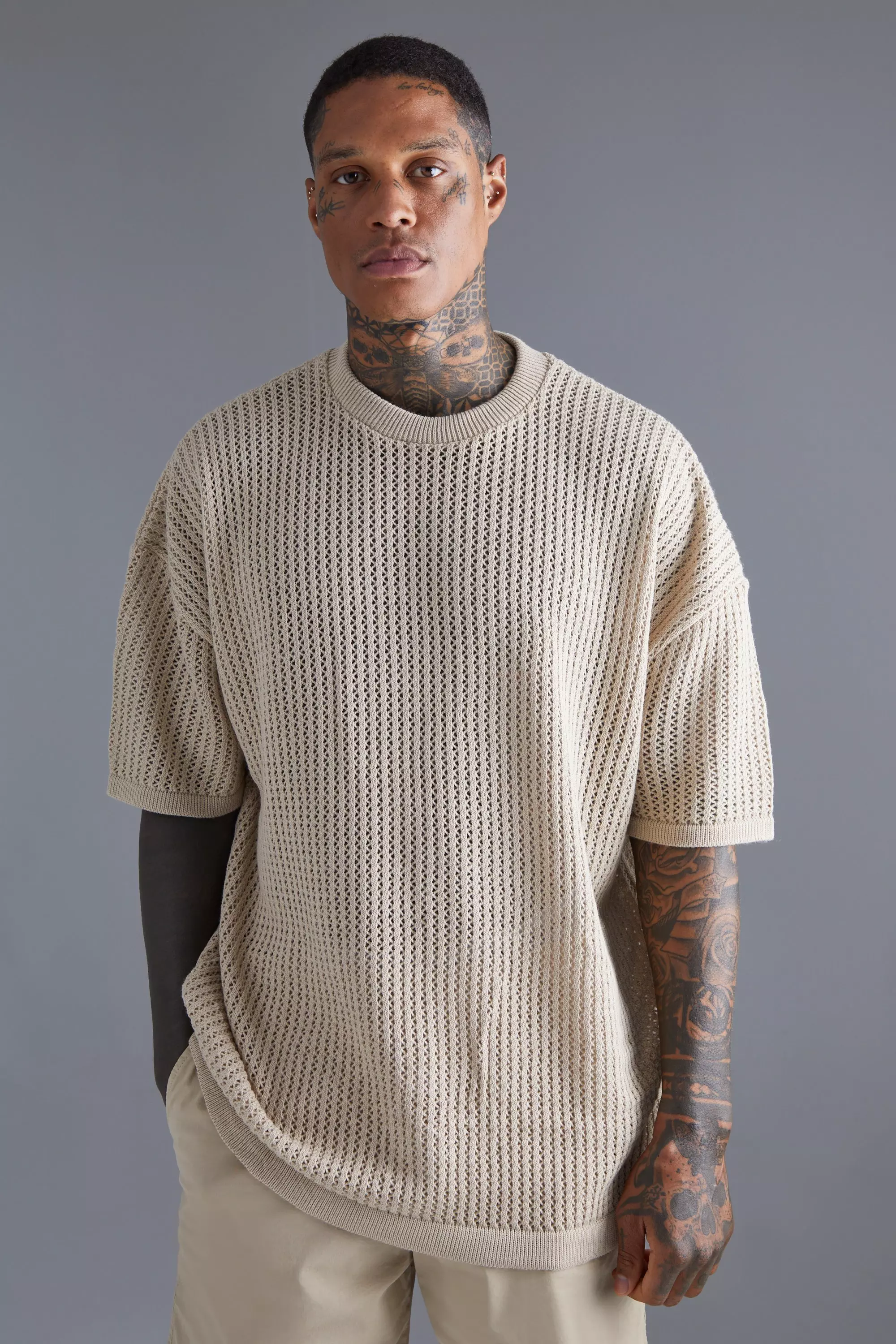 Stone Beige Oversized Drop Shoulder Open Stitch T-shirt