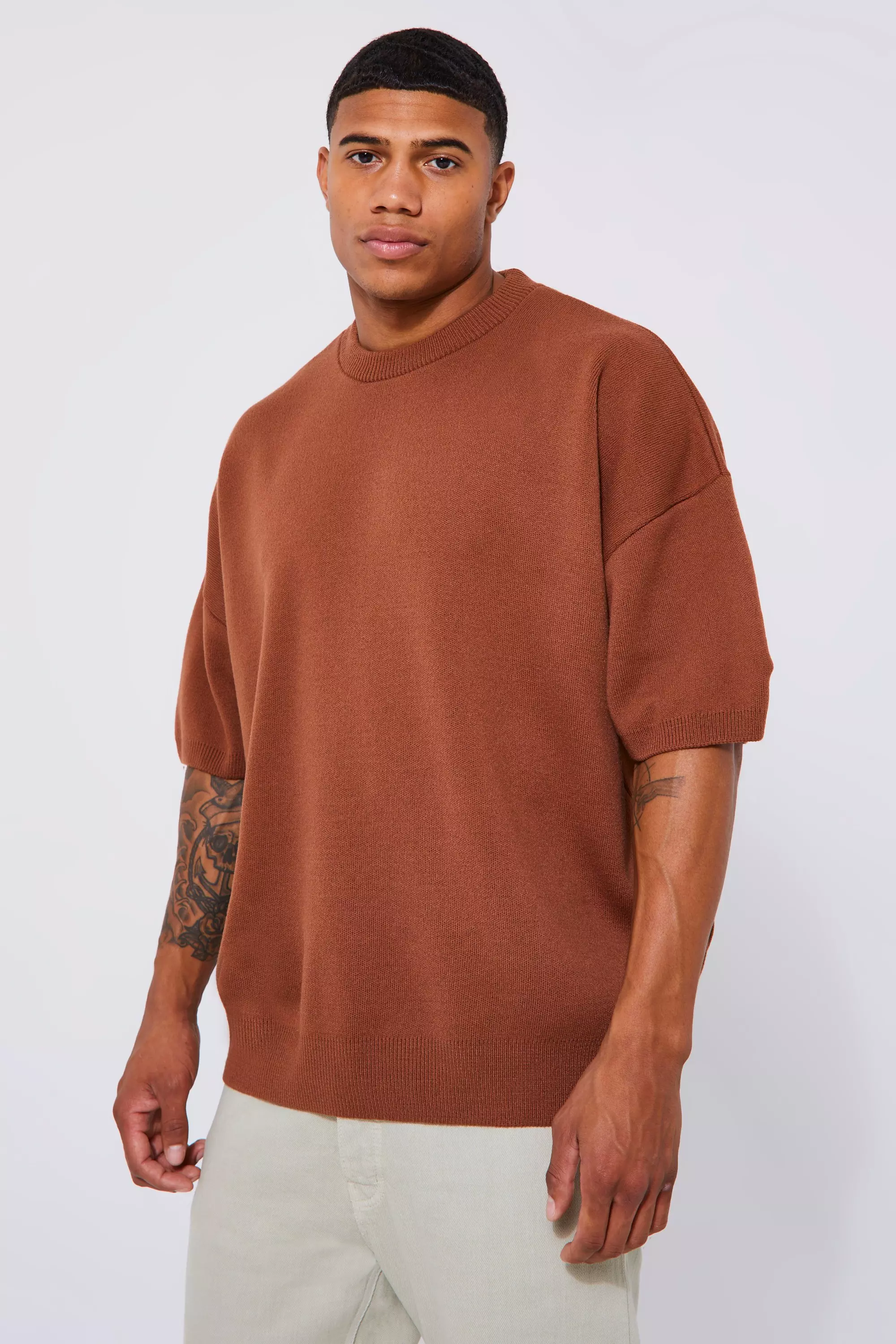 Orange Oversized Drop Shoulder Knitted T-shirt