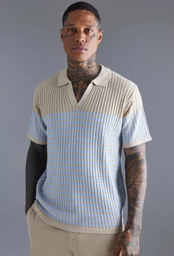 V Neck Striped Knitted Polo Stone
